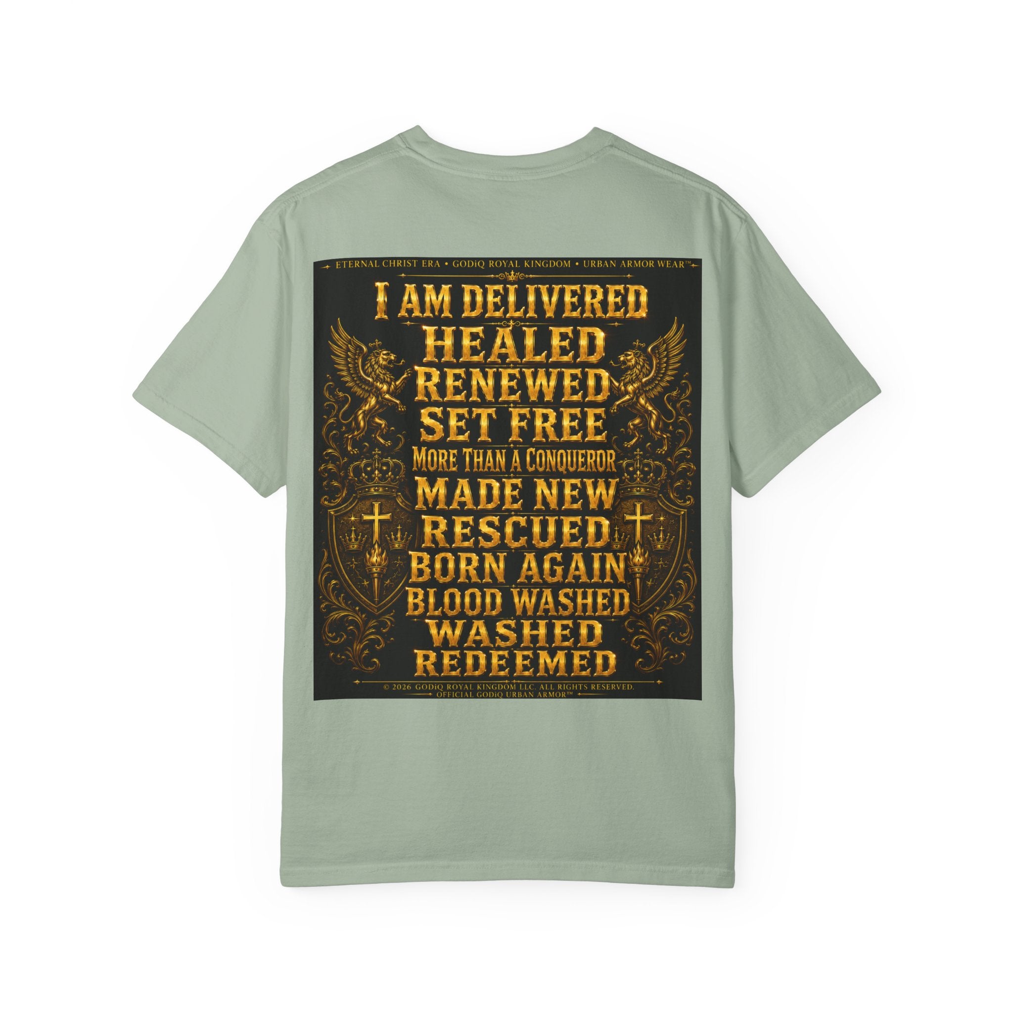 GODiQ Royal Kingdom™ Decree & Declare Christian T-Shirt – Premium Inspirational Faith Tee | "I Am Delivered, Healed, Renewed" Scripture Apparel | Comfort Colors 1717