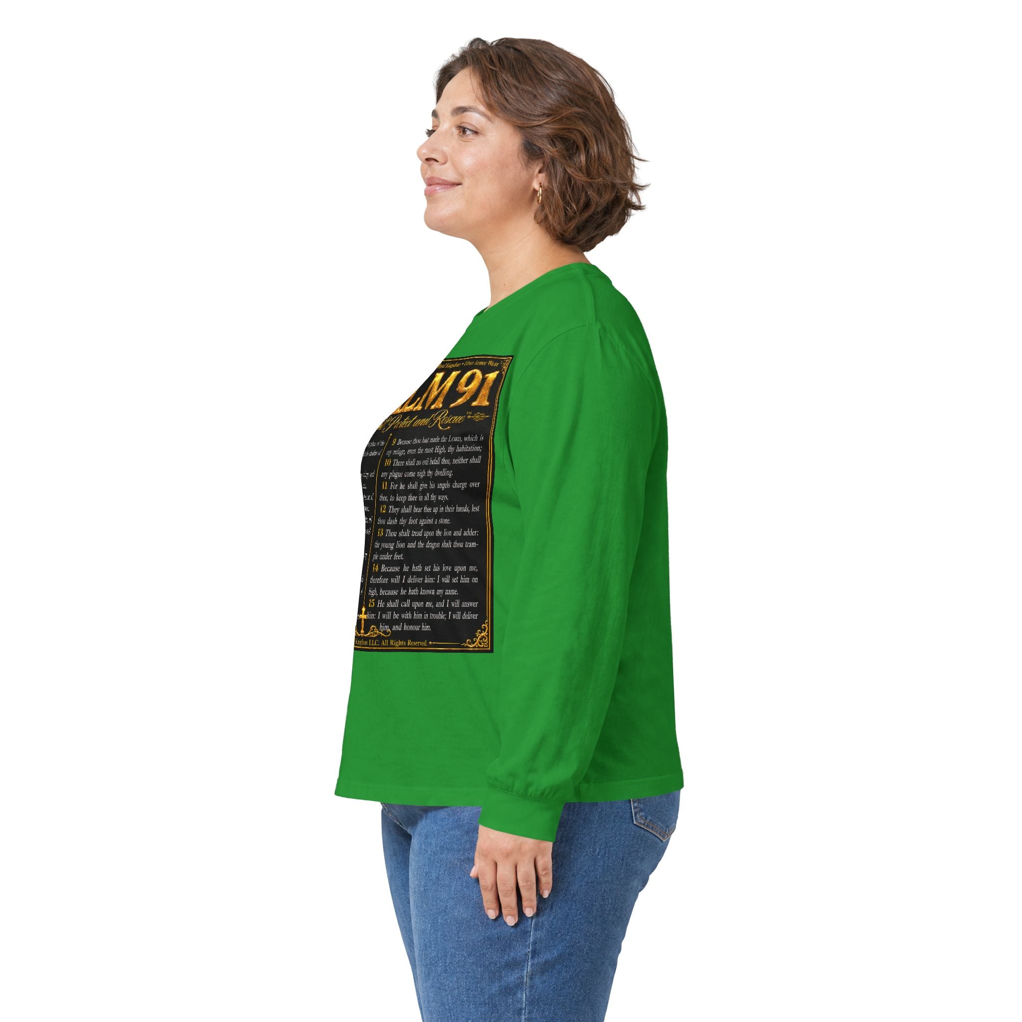 Psalm 91™ Long Sleeve Christian T-Shirt | God's Promise of Divine Protection | Premium Biblical Prayer Shirt | Luxury Faith-Based Scripture Apparel | GODiQ Royal Kingdom™ Urban Armor Wear