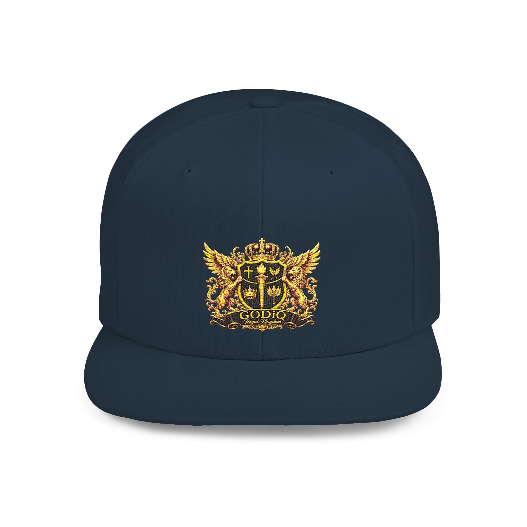 GODiQ Royal Kingdom™ Gold Crest Flat Bill Snapback Hat – Premium Embroidered Christian Heraldic Cap | Luxury Faith-Inspired Streetwear | Urban Armor™ Collection