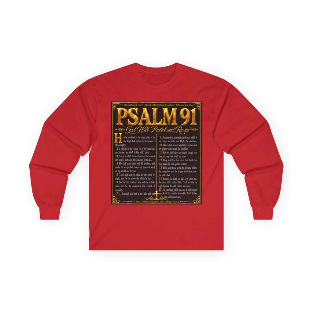 Psalm 91™ Long Sleeve Christian T-Shirt | God's Promise of Divine Protection | Premium Biblical Prayer Shirt | Luxury Faith-Based Scripture Apparel | GODiQ Royal Kingdom™ Urban Armor Wear
