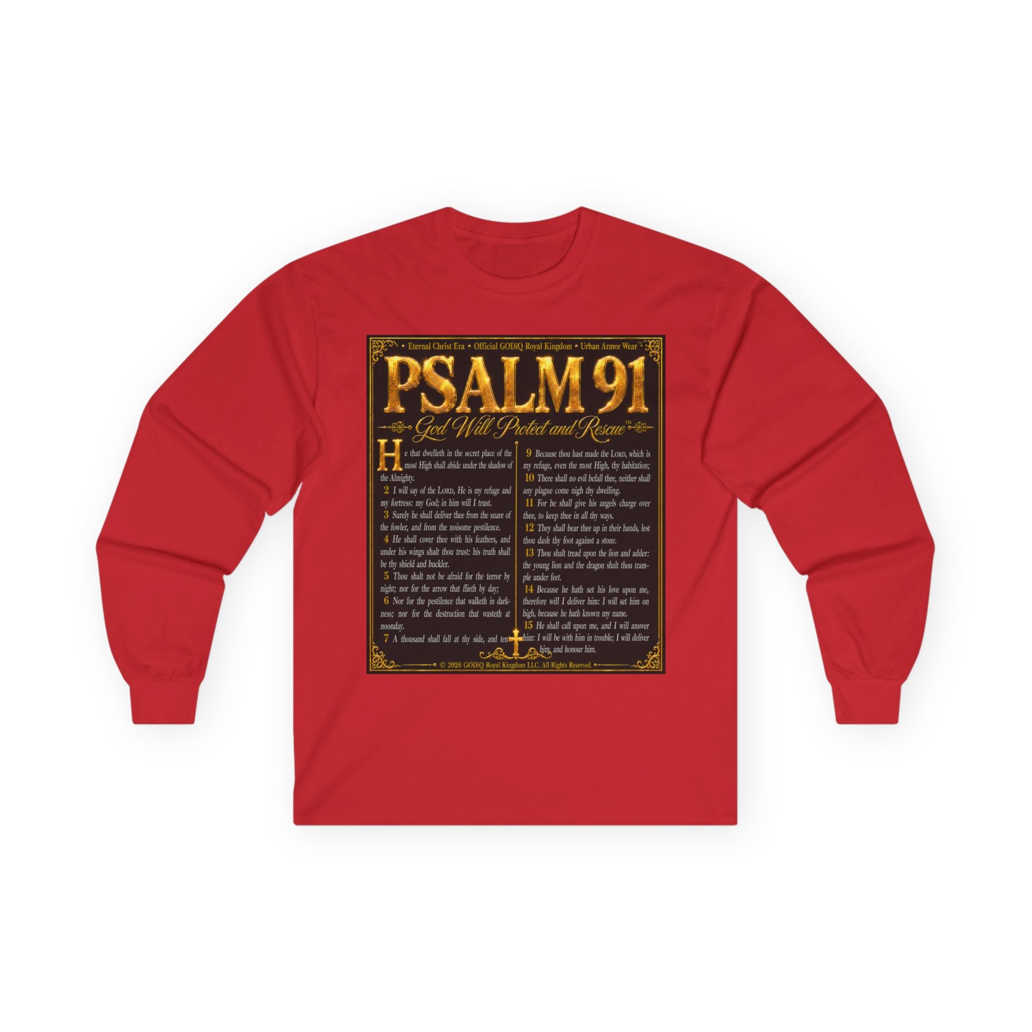 Psalm 91™ Long Sleeve Christian T-Shirt | God's Promise of Divine Protection | Premium Biblical Prayer Shirt | Luxury Faith-Based Scripture Apparel | GODiQ Royal Kingdom™ Urban Armor Wear