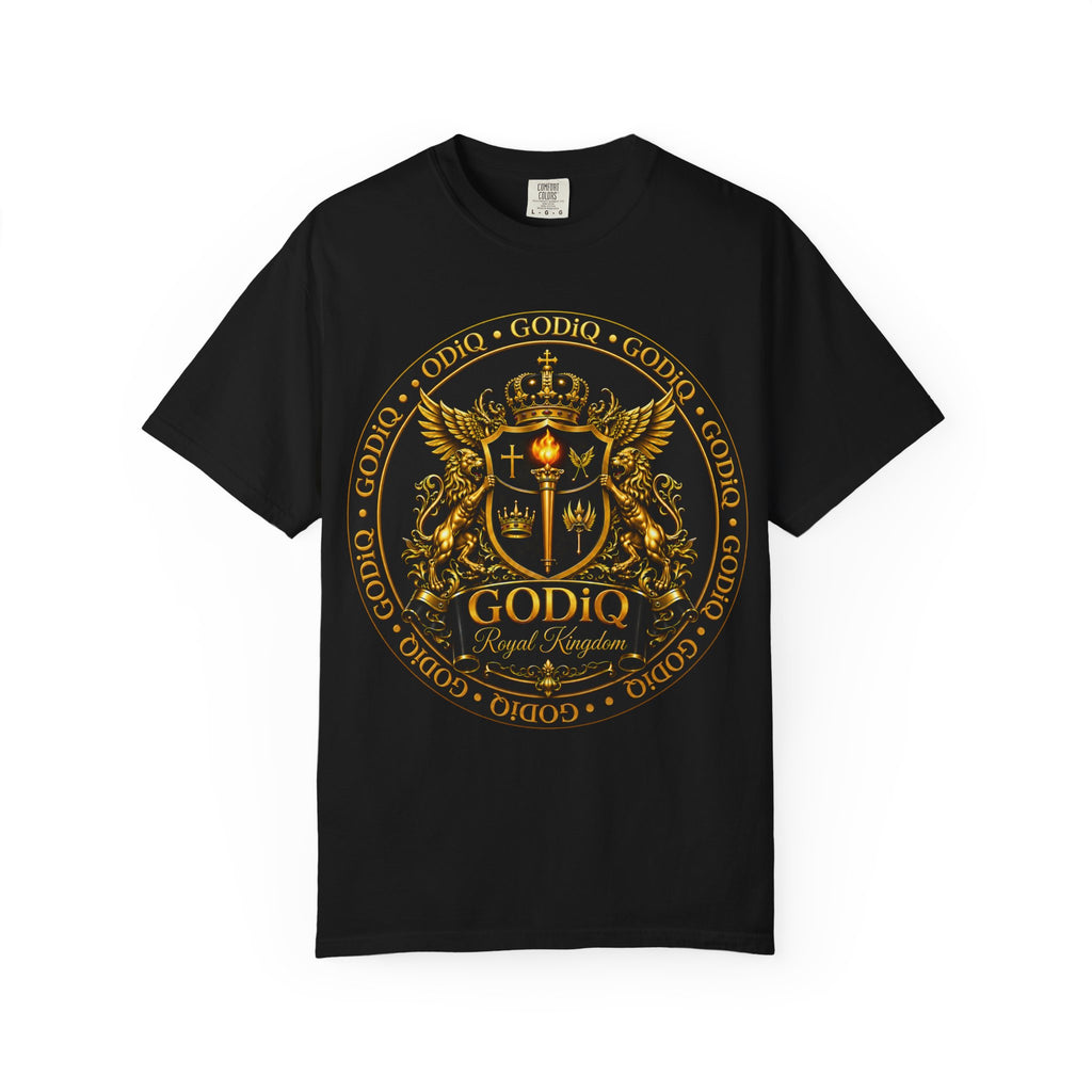 GODiQ Royal Kingdom™ Royal Crest T-Shirt – Luxury Christian Coat of Arms Graphic Tee | Premium Garment-Dyed Faith Apparel | Regal Kingdom Streetwear