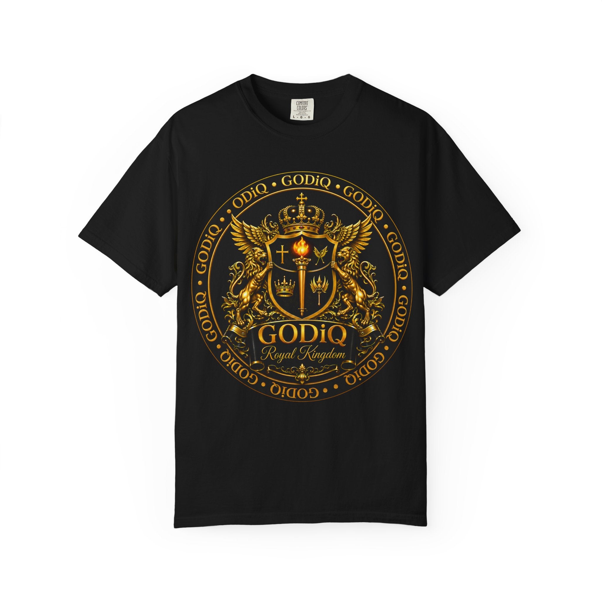 GODiQ Royal Kingdom™ Royal Crest T-Shirt – Luxury Christian Coat of Arms Graphic Tee | Premium Garment-Dyed Faith Apparel | Regal Kingdom Streetwear
