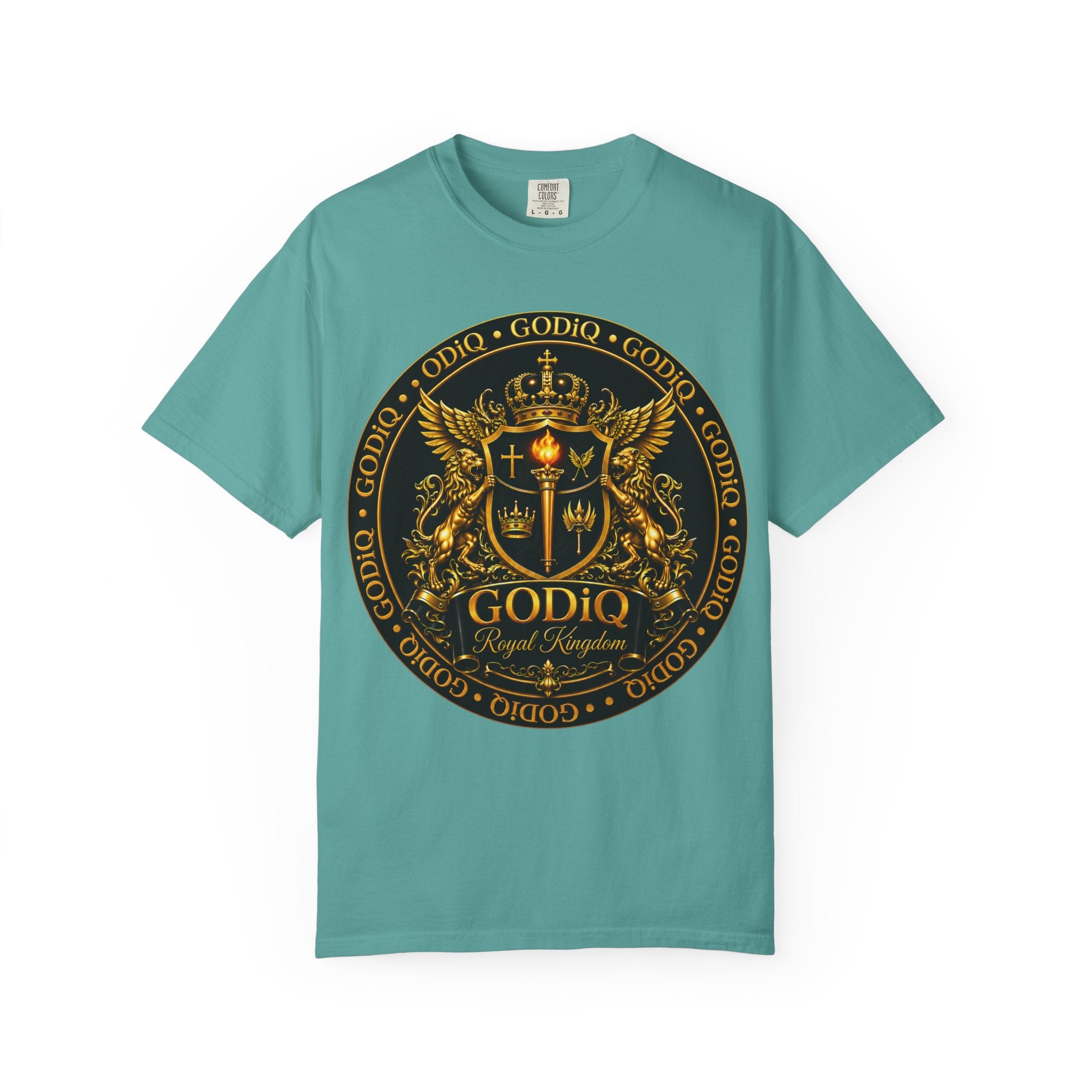 GODiQ Royal Kingdom™ Royal Crest T-Shirt – Luxury Christian Coat of Arms Graphic Tee | Premium Garment-Dyed Faith Apparel | Regal Kingdom Streetwear
