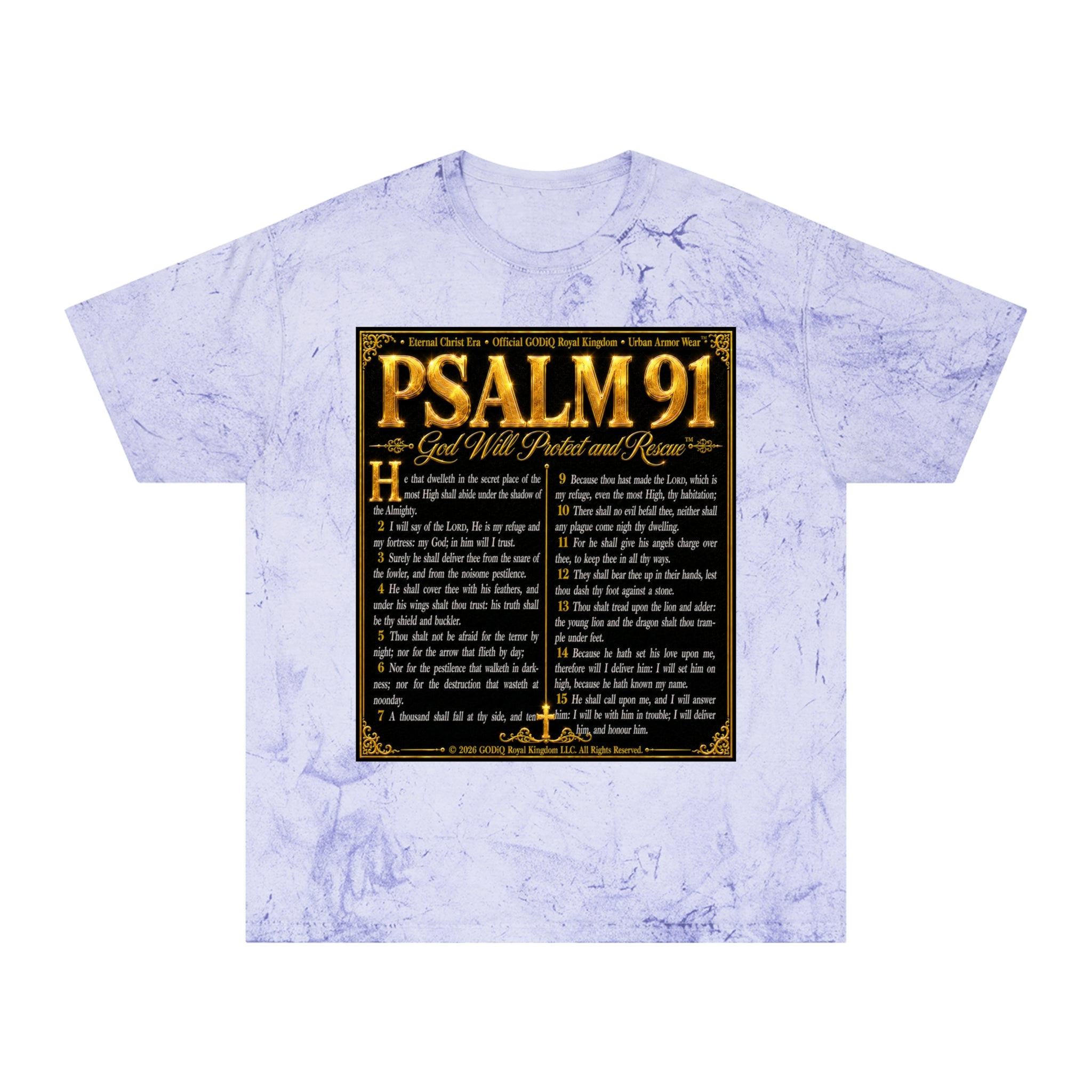 Psalm 91™ Divine Protection Graphic T-Shirt – Luxury Christian Scripture Tee | Premium Garment-Dyed Color Blast Faith Apparel | “God's Promise of Divine Protection” Vintage Cotton Shirt | GODiQ Royal...