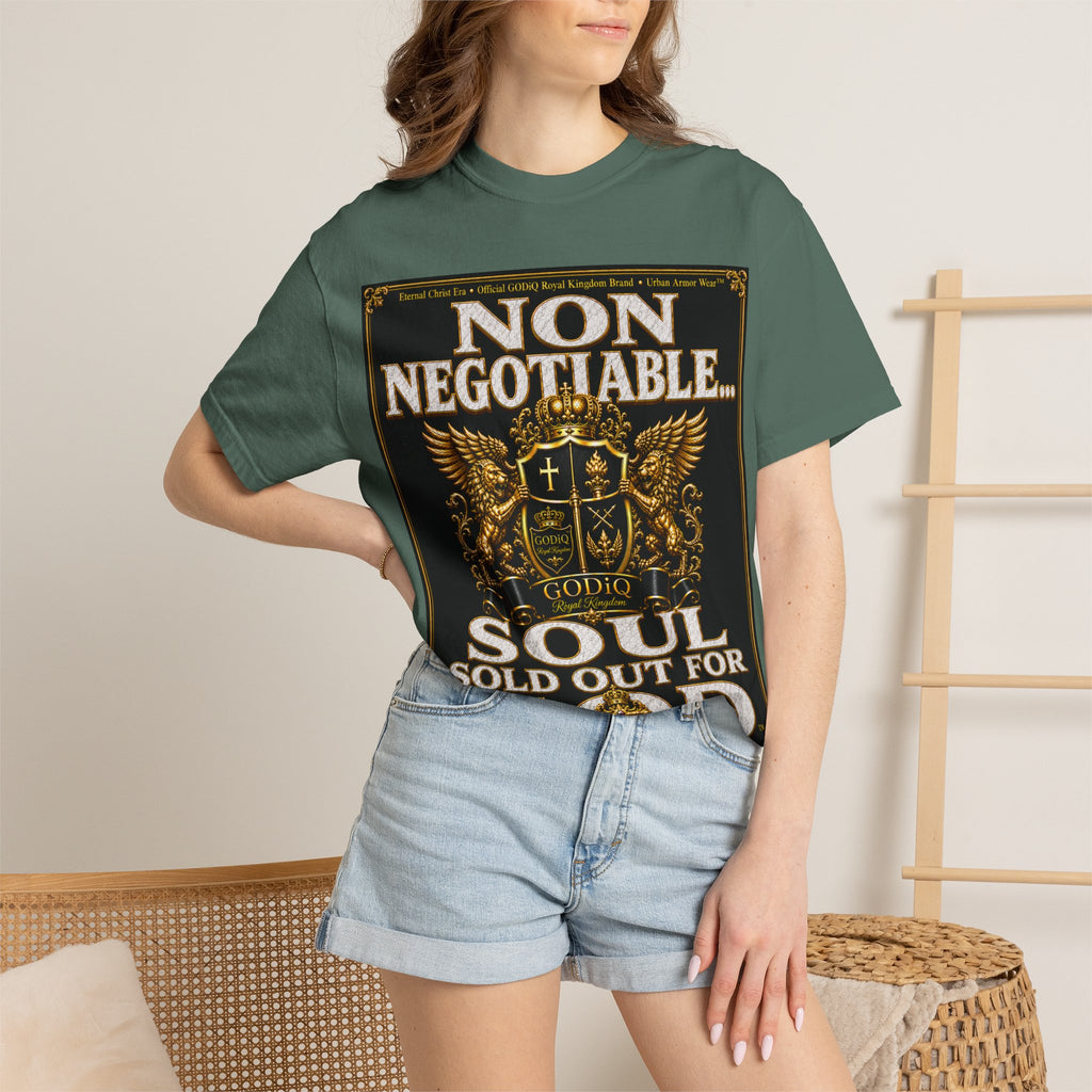 GODiQ™ Royal Kingdom Urban Armor Wear™ "NON NEGOTIABLE™: SOUL SOLD OUT FOR GOD™" Luxury Christian Graphic T-Shirt | Premium Faith Apparel | 24K Gold Heraldic Kingdom Statement Tee