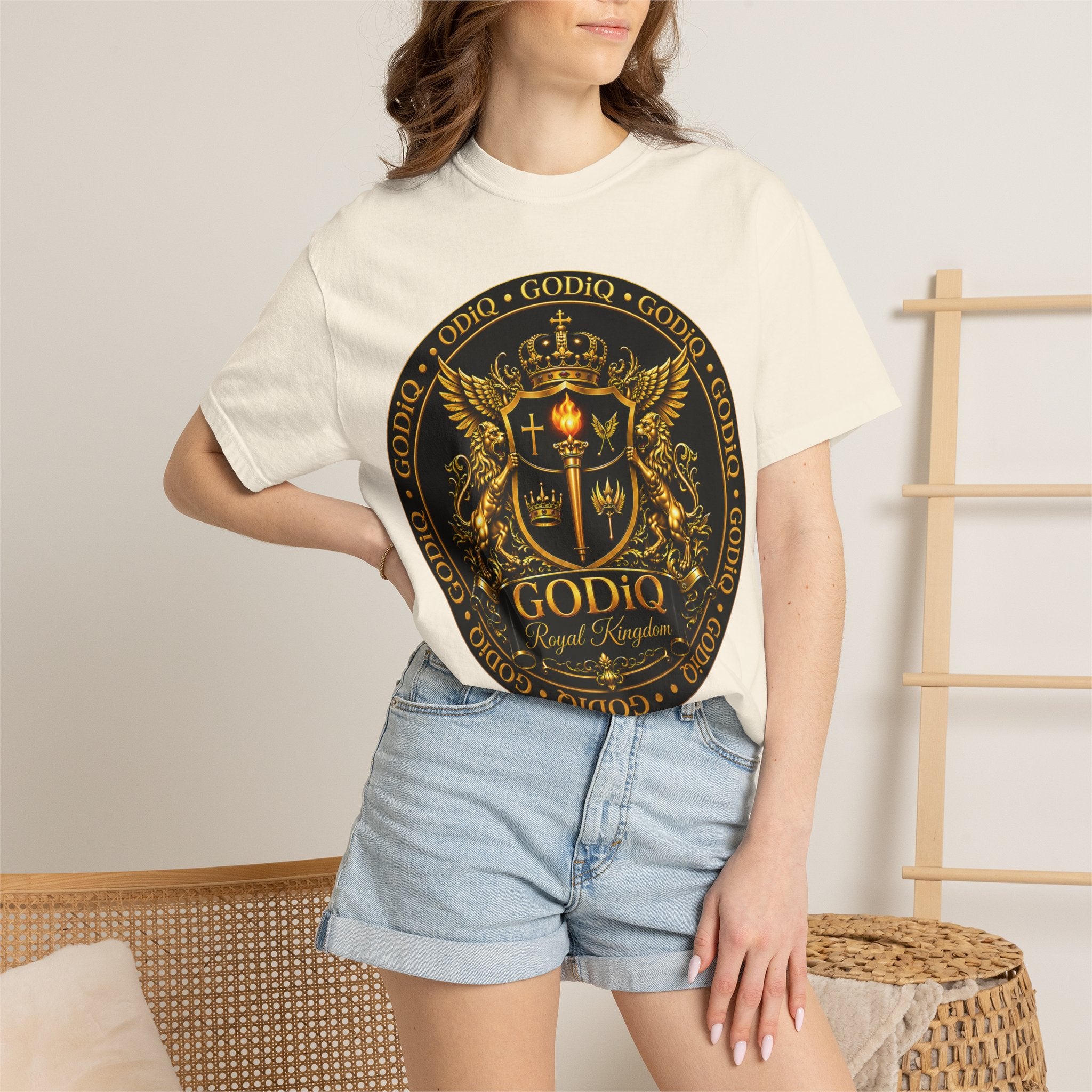 GODiQ Royal Kingdom™ Royal Crest T-Shirt – Luxury Christian Coat of Arms Graphic Tee | Premium Garment-Dyed Faith Apparel | Regal Kingdom Streetwear