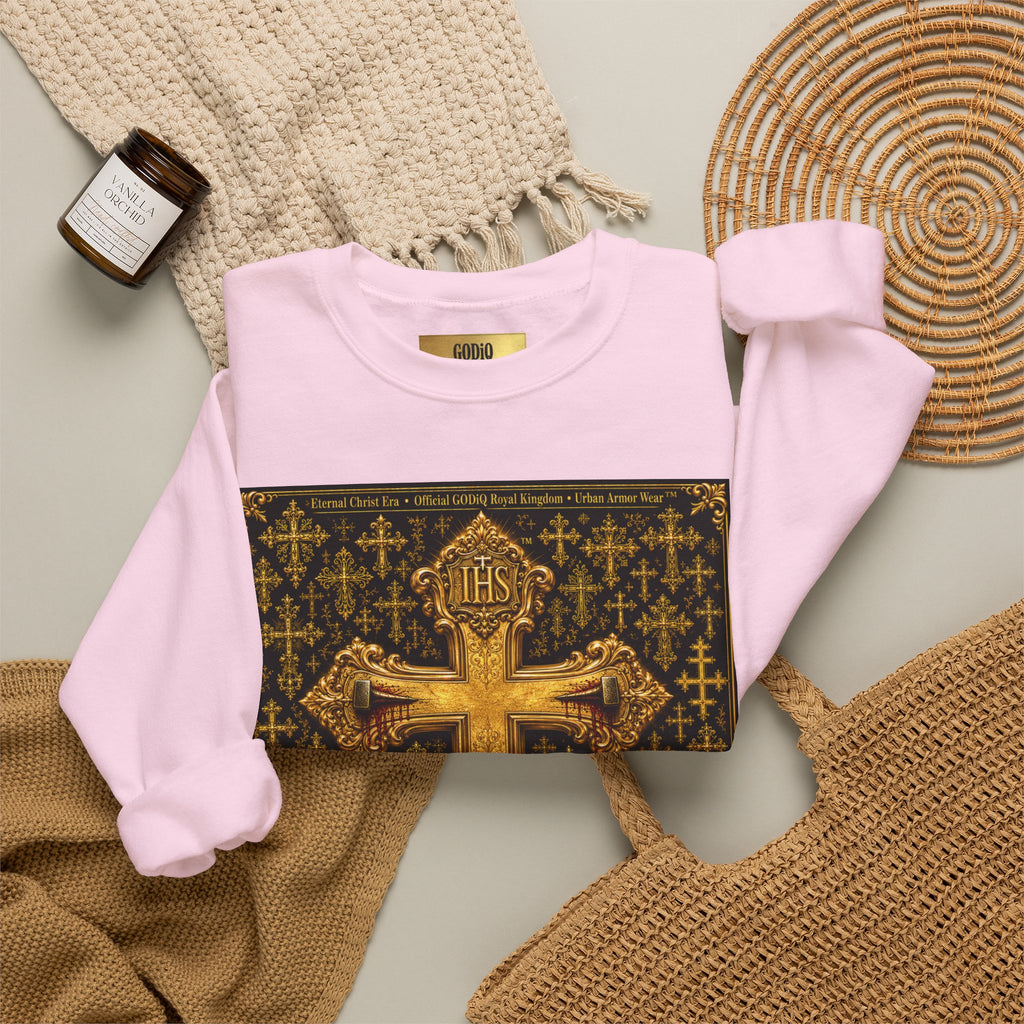 GODiQ Royal Kingdom™ Jesus Christ Died For Our Sins Crewneck Sweatshirt – Luxury 24K Gold Cross Christian Sweatshirt | Premium Faith Graphic Pullover | Religious Streetwear | Urban Armor Wear™