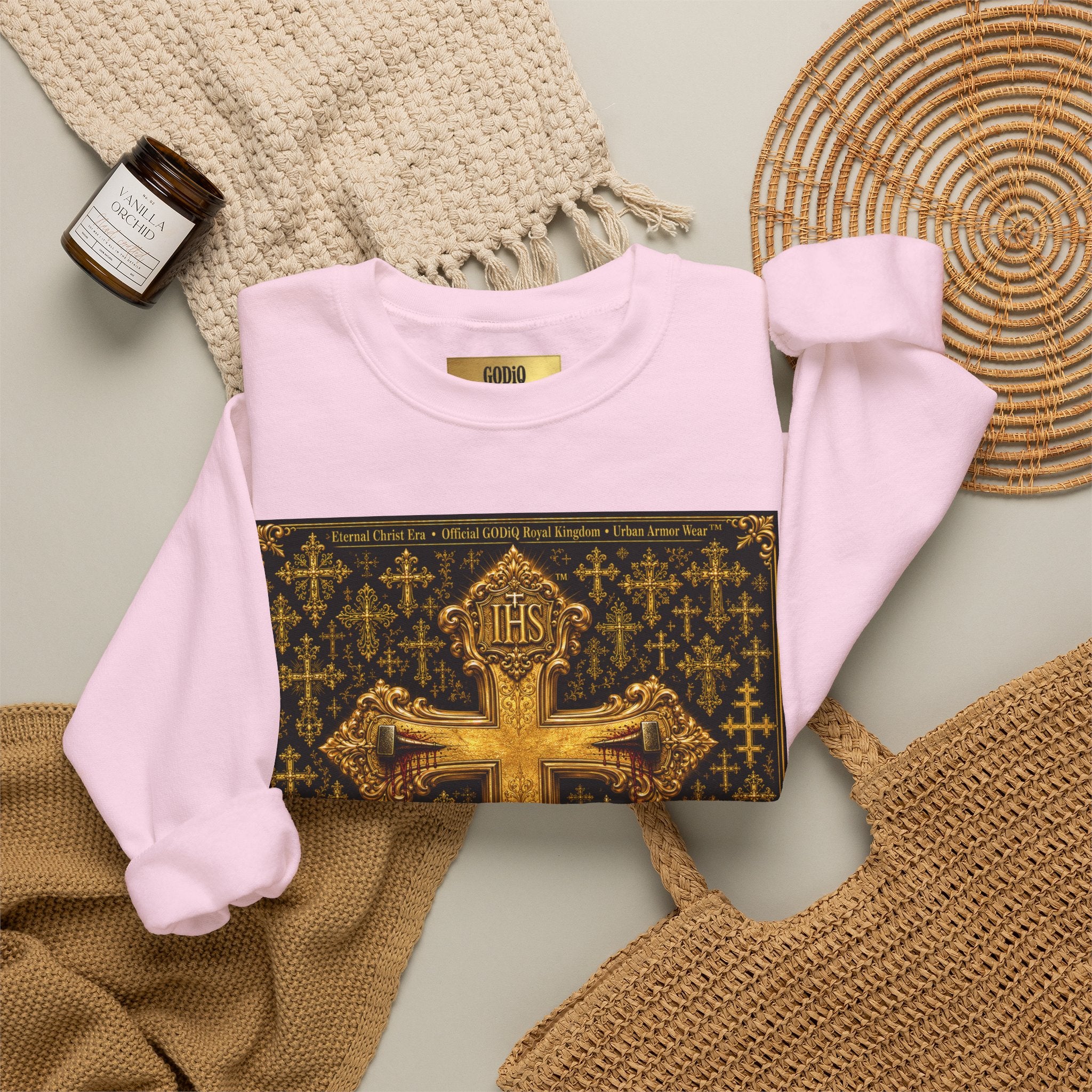 GODiQ Royal Kingdom™ Jesus Christ Died For Our Sins Crewneck Sweatshirt – Luxury 24K Gold Cross Christian Sweatshirt | Premium Faith Graphic Pullover | Religious Streetwear | Urban Armor Wear™