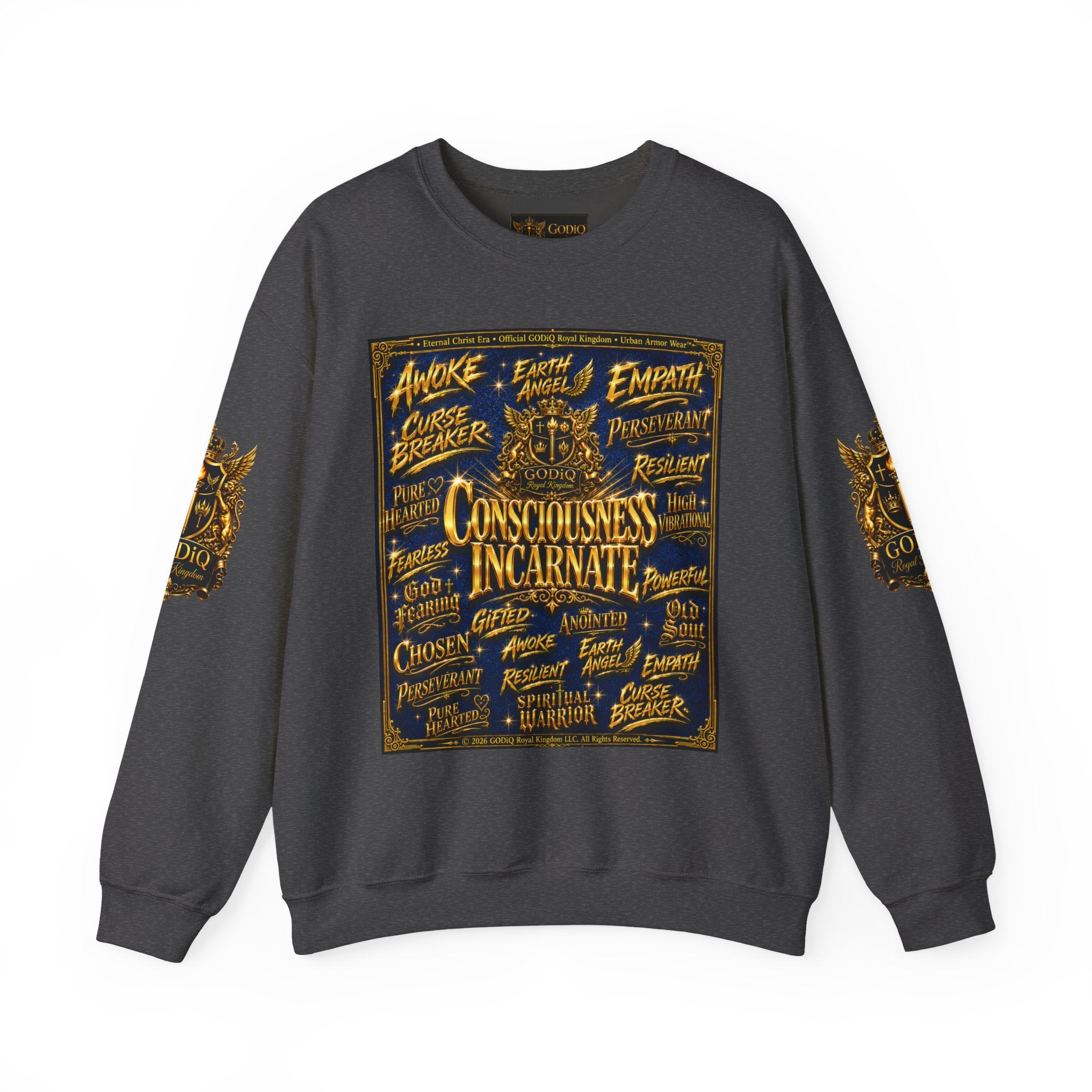 Consciousness Incarnate™ Crewneck Sweatshirt – Luxury Christian Graphic Sweatshirt | "Awake For All Eternity" Premium Kingdom Apparel | GODiQ Royal Kingdom™ Urban Armor Wear