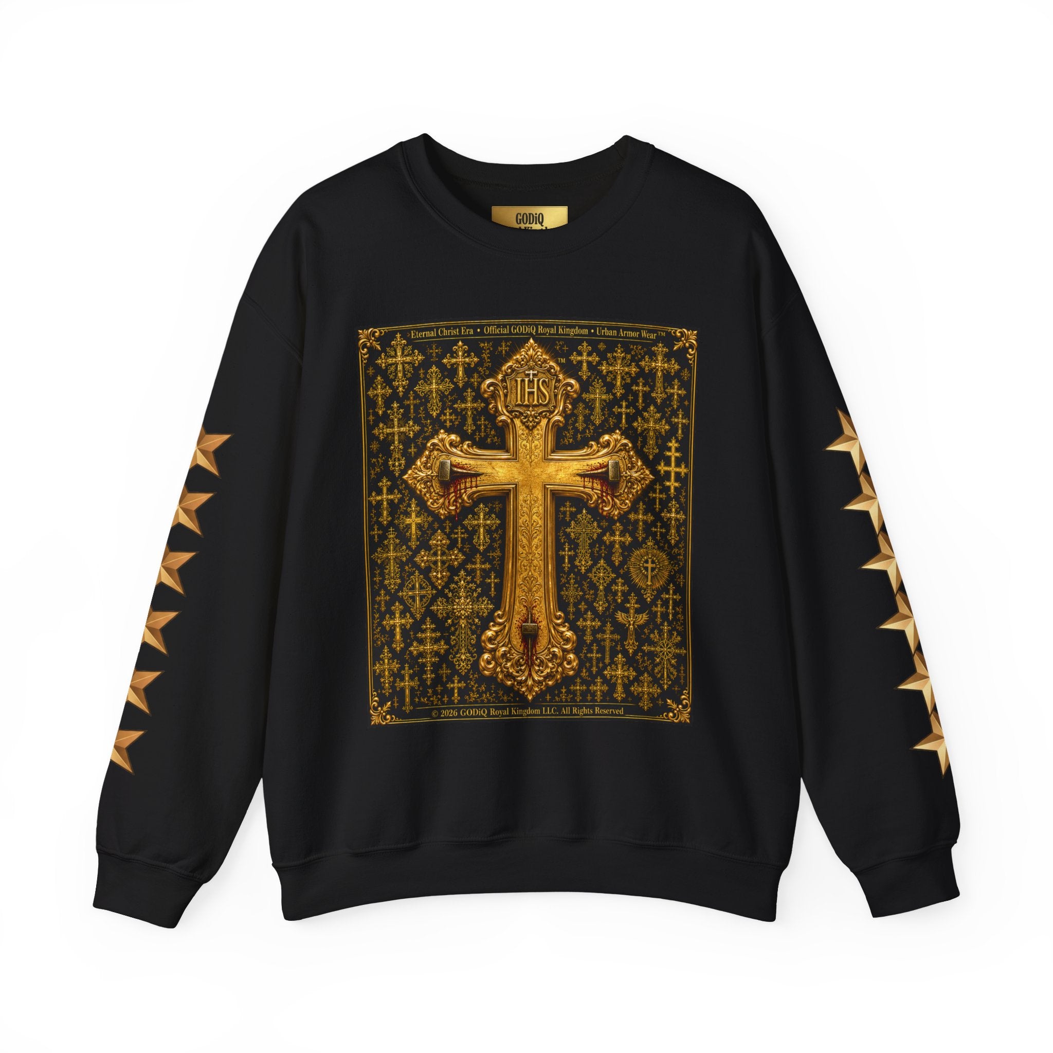 GODiQ Royal Kingdom™ Jesus Christ Died For Our Sins Crewneck Sweatshirt – Luxury 24K Gold Cross Christian Sweatshirt | Premium Faith Graphic Pullover | Religious Streetwear | Urban Armor Wear™