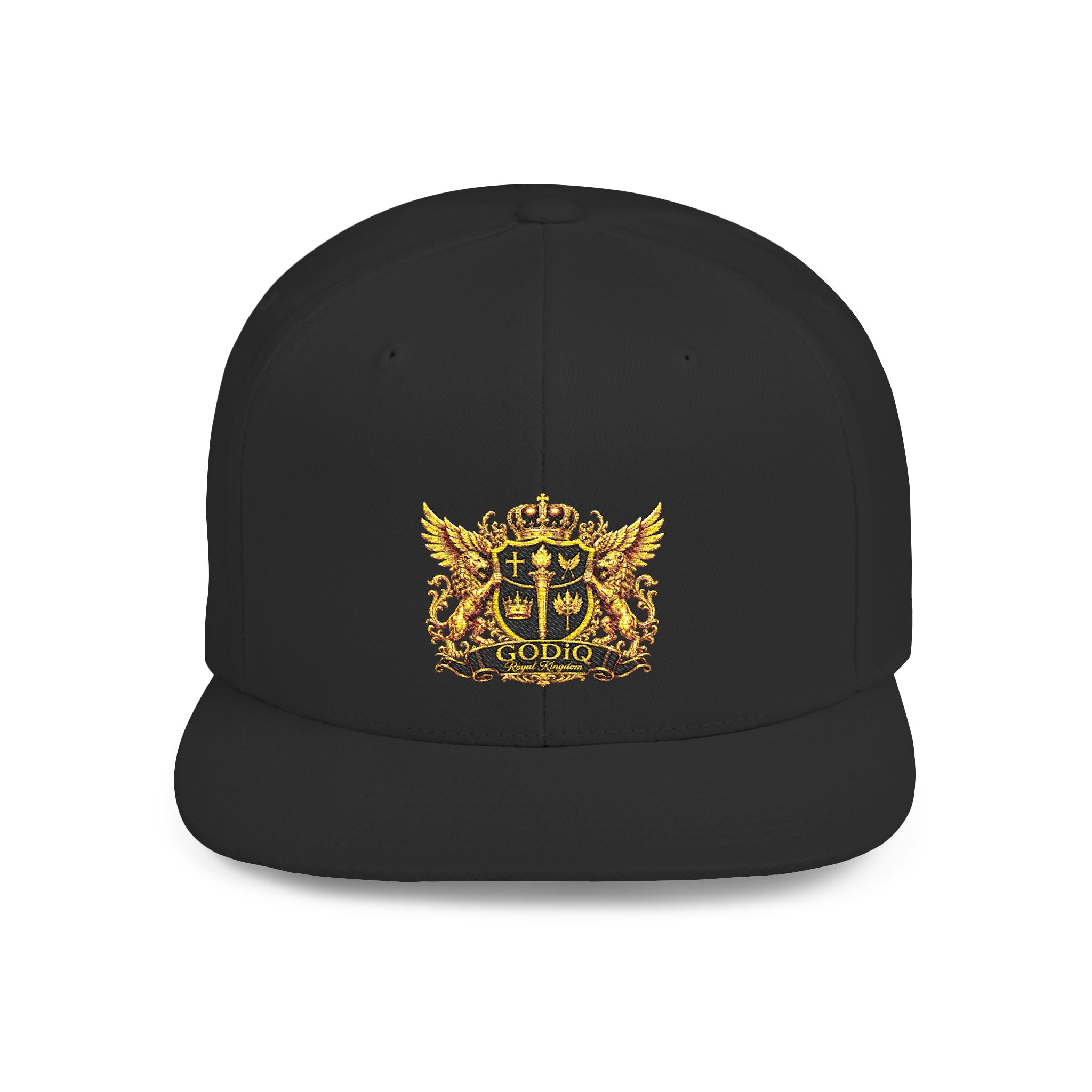 GODiQ Royal Kingdom™ Gold Crest Flat Bill Snapback Hat – Premium Embroidered Christian Heraldic Cap | Luxury Faith-Inspired Streetwear | Urban Armor™ Collection