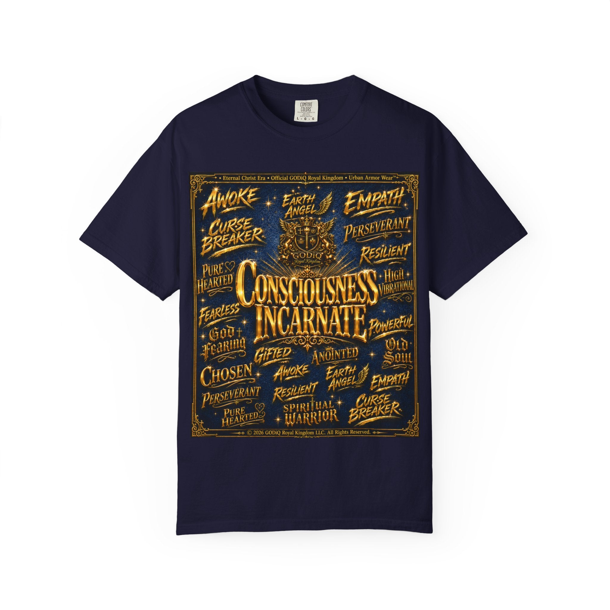 GODiQ Consciousness Incarnate™ Christian Graphic T-Shirt – Luxury Garment-Dyed Faith Apparel | "Awake For All Eternity!" Premium Heavyweight Tee | GODiQ Royal Kingdom™ Urban Armor Wear
