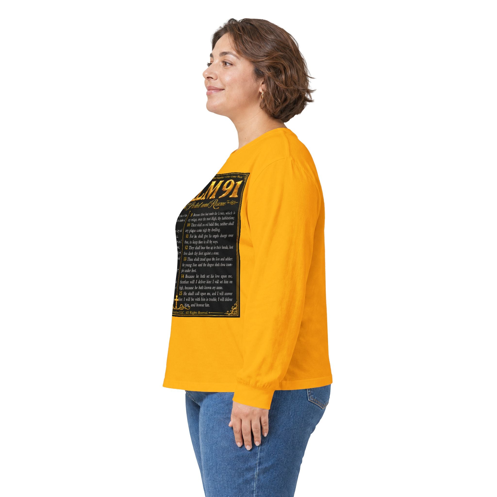 Psalm 91™ Long Sleeve Christian T-Shirt | God's Promise of Divine Protection | Premium Biblical Prayer Shirt | Luxury Faith-Based Scripture Apparel | GODiQ Royal Kingdom™ Urban Armor Wear