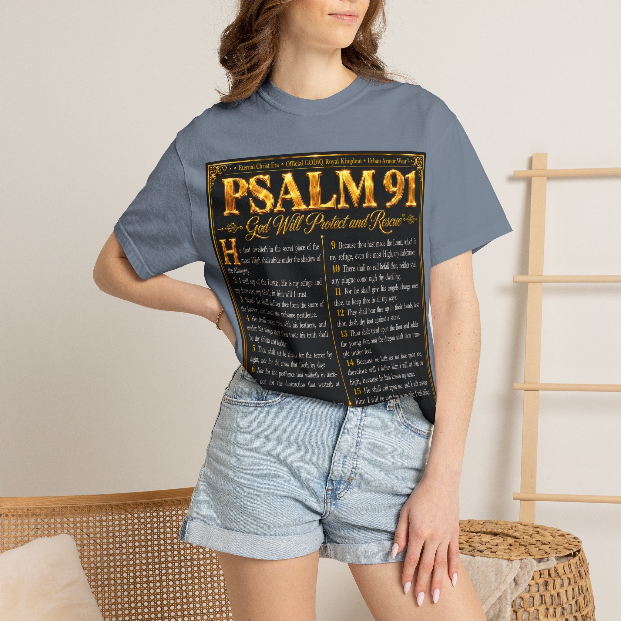 Psalm 91™ Christian Graphic T-Shirt – "God's Promise of Divine Protection" Luxury Garment-Dyed Scripture Tee | Premium Comfort Colors® 1717 | GODiQ Royal Kingdom™ Urban Armor Wear