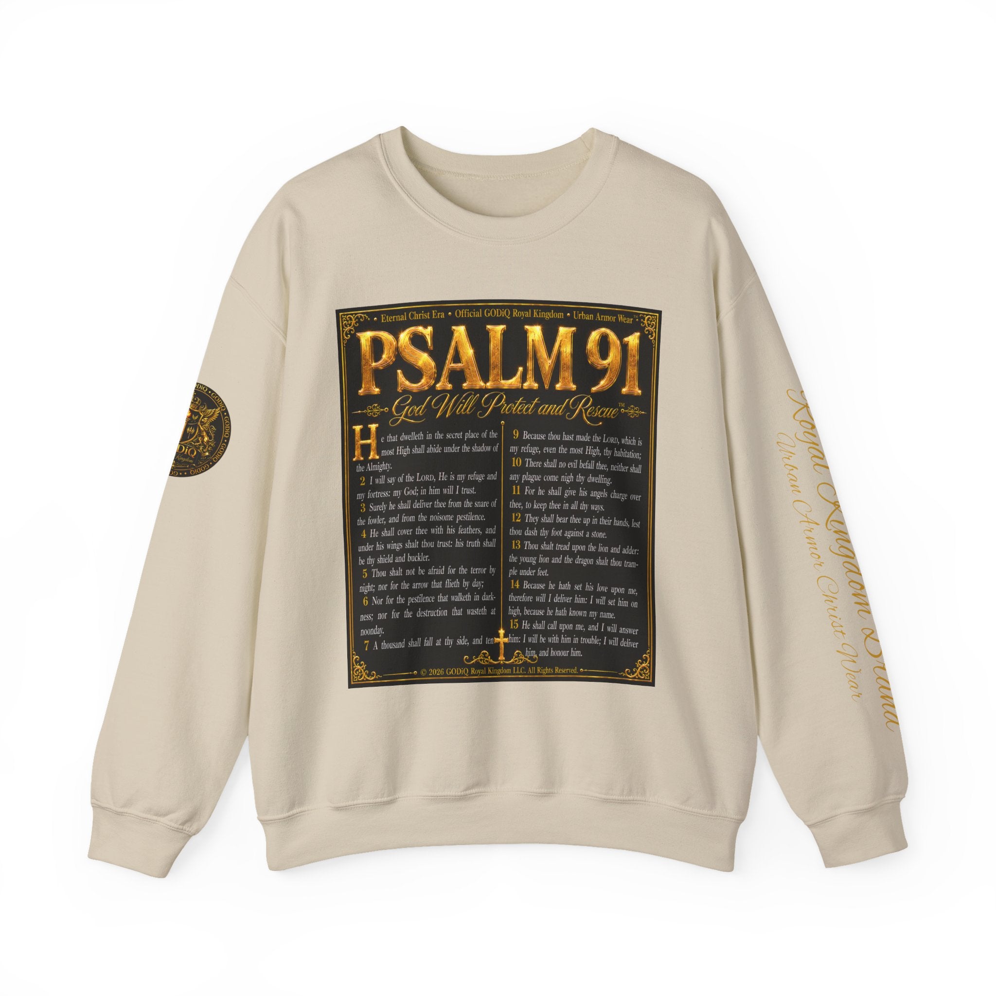 Psalm 91™ Crewneck Sweatshirt – "God's Promise of Divine Protection" Luxury Christian Pullover | Premium Faith Apparel | GODiQ Royal Kingdom™ Urban Armor Wear