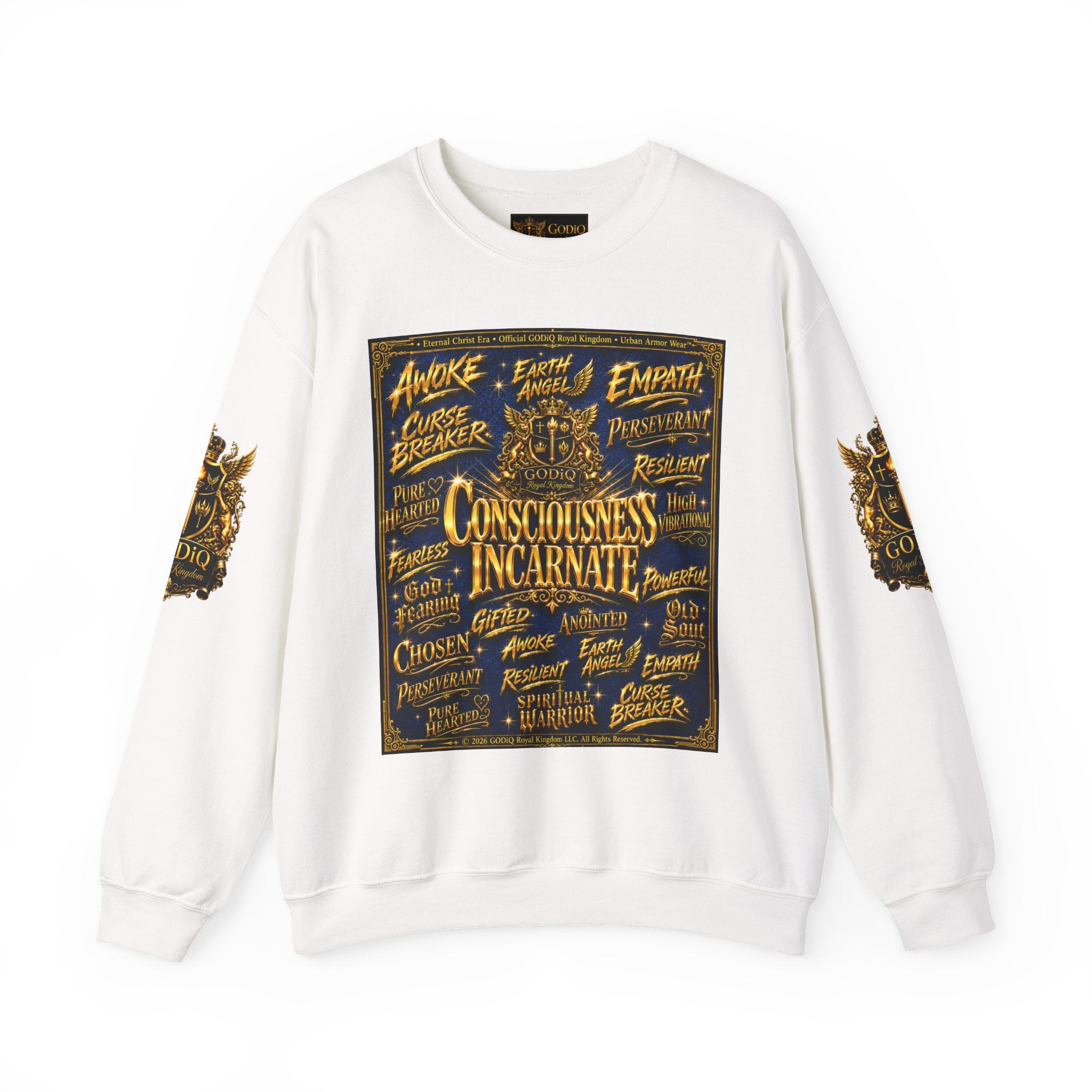 Consciousness Incarnate™ Crewneck Sweatshirt – Luxury Christian Graphic Sweatshirt | "Awake For All Eternity" Premium Kingdom Apparel | GODiQ Royal Kingdom™ Urban Armor Wear
