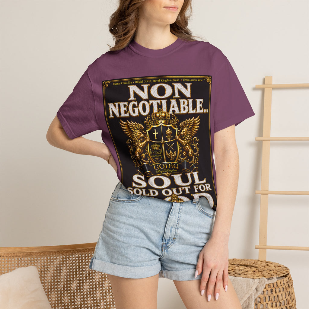 GODiQ™ Royal Kingdom Urban Armor Wear™ "NON NEGOTIABLE™: SOUL SOLD OUT FOR GOD™" Luxury Christian Graphic T-Shirt | Premium Faith Apparel | 24K Gold Heraldic Kingdom Statement Tee