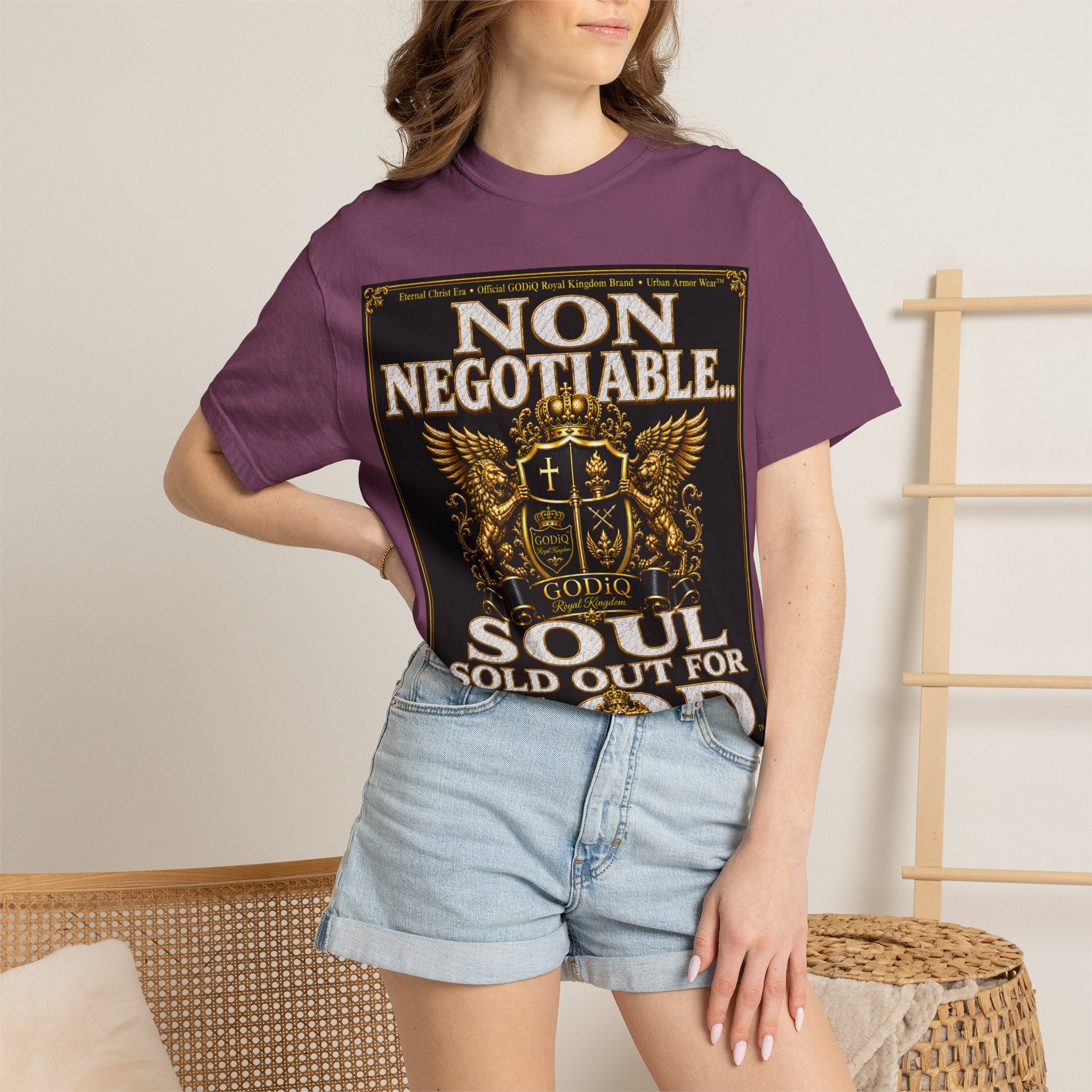 GODiQ™ Royal Kingdom Urban Armor Wear™ "NON NEGOTIABLE™: SOUL SOLD OUT FOR GOD™" Luxury Christian Graphic T-Shirt | Premium Faith Apparel | 24K Gold Heraldic Kingdom Statement Tee