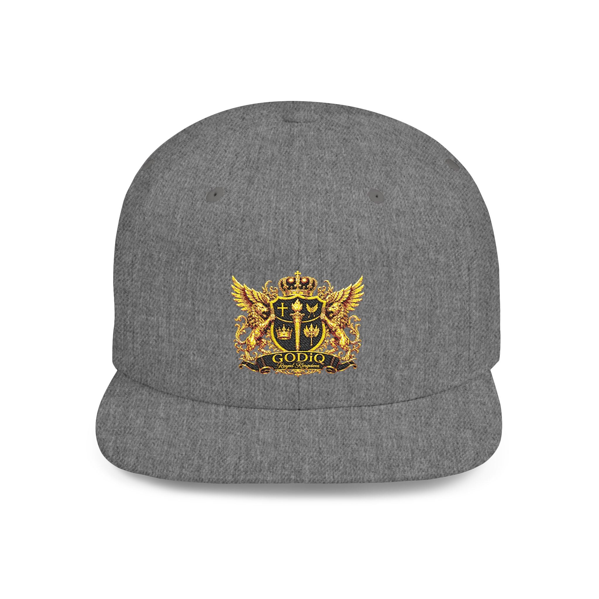 GODiQ Royal Kingdom™ Gold Crest Flat Bill Snapback Hat – Premium Embroidered Christian Heraldic Cap | Luxury Faith-Inspired Streetwear | Urban Armor™ Collection
