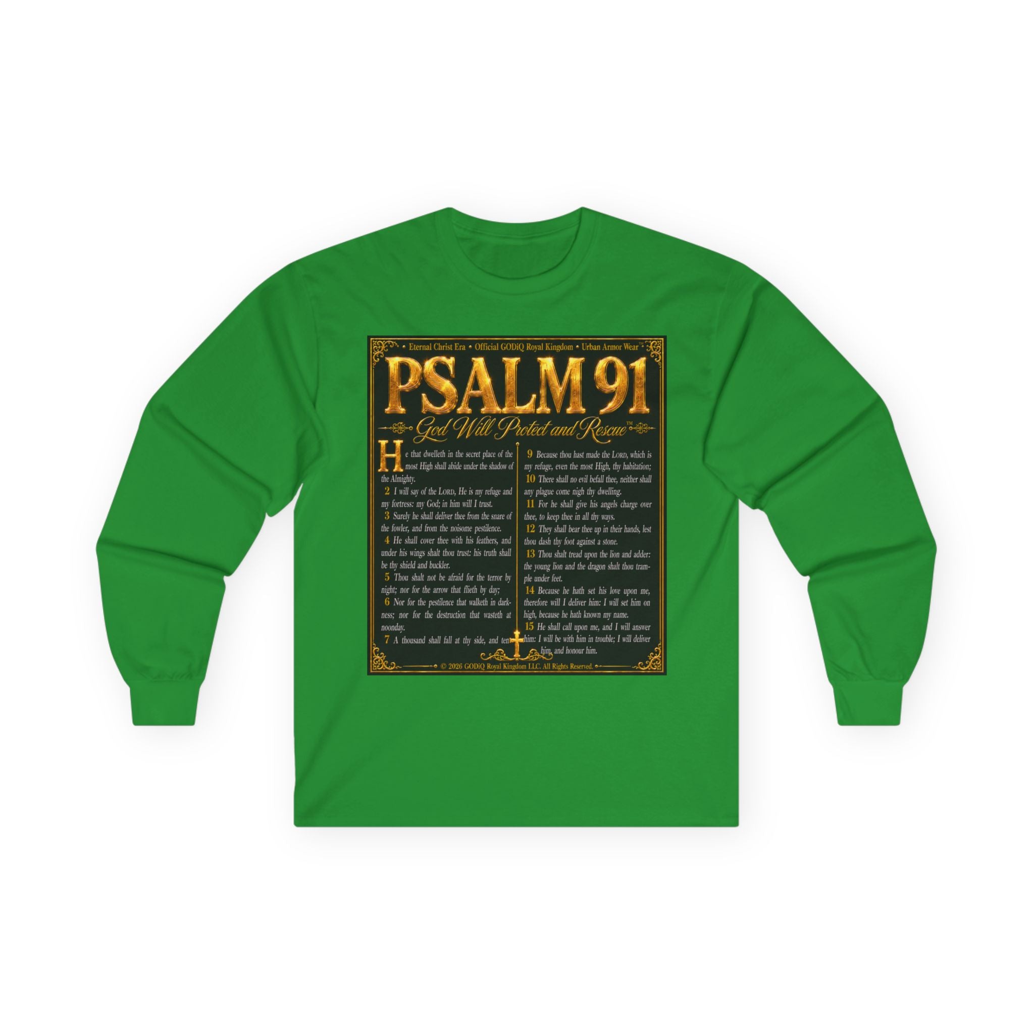 Psalm 91™ Long Sleeve Christian T-Shirt | God's Promise of Divine Protection | Premium Biblical Prayer Shirt | Luxury Faith-Based Scripture Apparel | GODiQ Royal Kingdom™ Urban Armor Wear