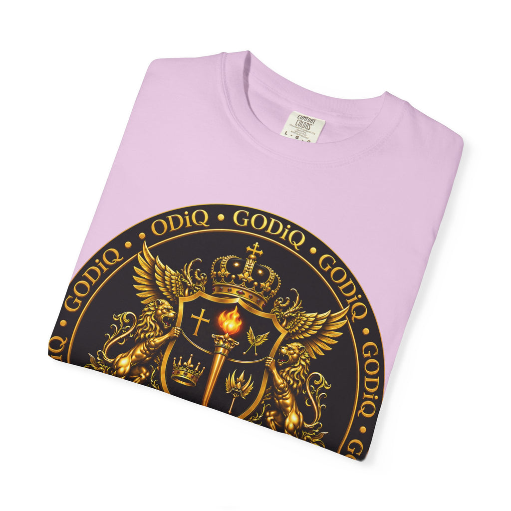 GODiQ Royal Kingdom™ Royal Crest T-Shirt – Luxury Christian Coat of Arms Graphic Tee | Premium Garment-Dyed Faith Apparel | Regal Kingdom Streetwear