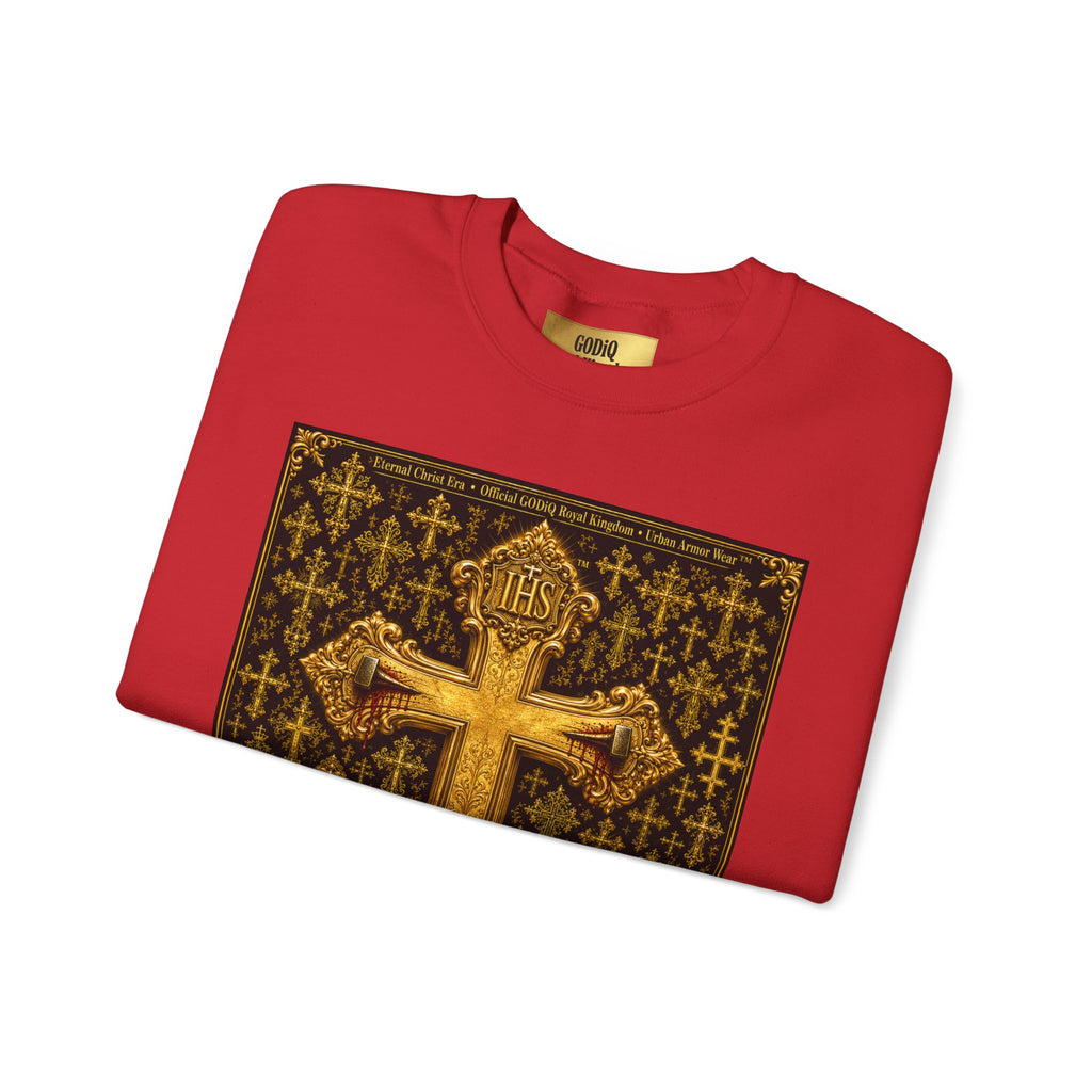 GODiQ Royal Kingdom™ Jesus Christ Died For Our Sins Crewneck Sweatshirt – Luxury 24K Gold Cross Christian Sweatshirt | Premium Faith Graphic Pullover | Religious Streetwear | Urban Armor Wear™