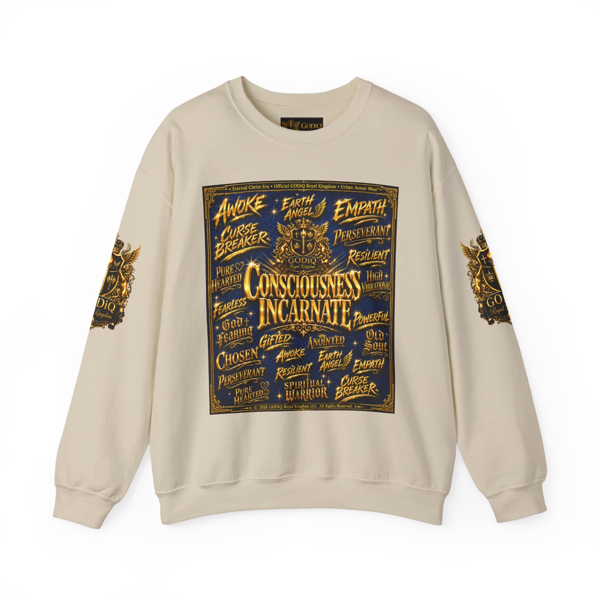 Consciousness Incarnate™ Crewneck Sweatshirt – Luxury Christian Graphic Sweatshirt | "Awake For All Eternity" Premium Kingdom Apparel | GODiQ Royal Kingdom™ Urban Armor Wear