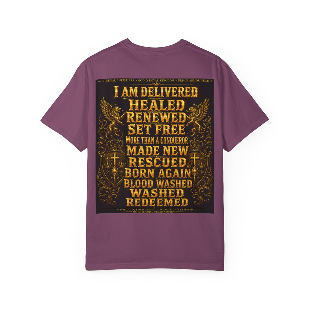 GODiQ Royal Kingdom™ Decree & Declare Christian T-Shirt – Premium Inspirational Faith Tee | "I Am Delivered, Healed, Renewed" Scripture Apparel | Comfort Colors 1717