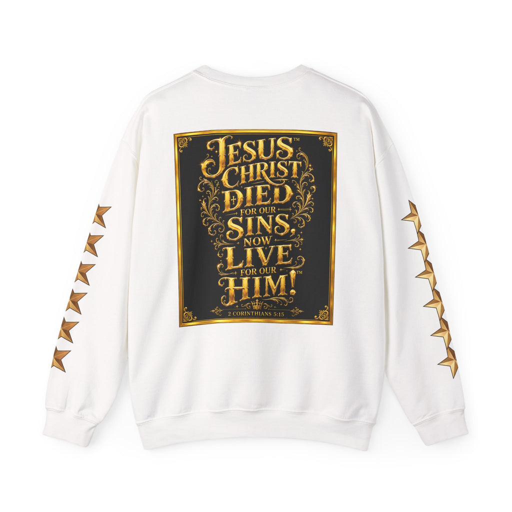 GODiQ Royal Kingdom™ Jesus Christ Died For Our Sins Crewneck Sweatshirt – Luxury 24K Gold Cross Christian Sweatshirt | Premium Faith Graphic Pullover | Religious Streetwear | Urban Armor Wear™