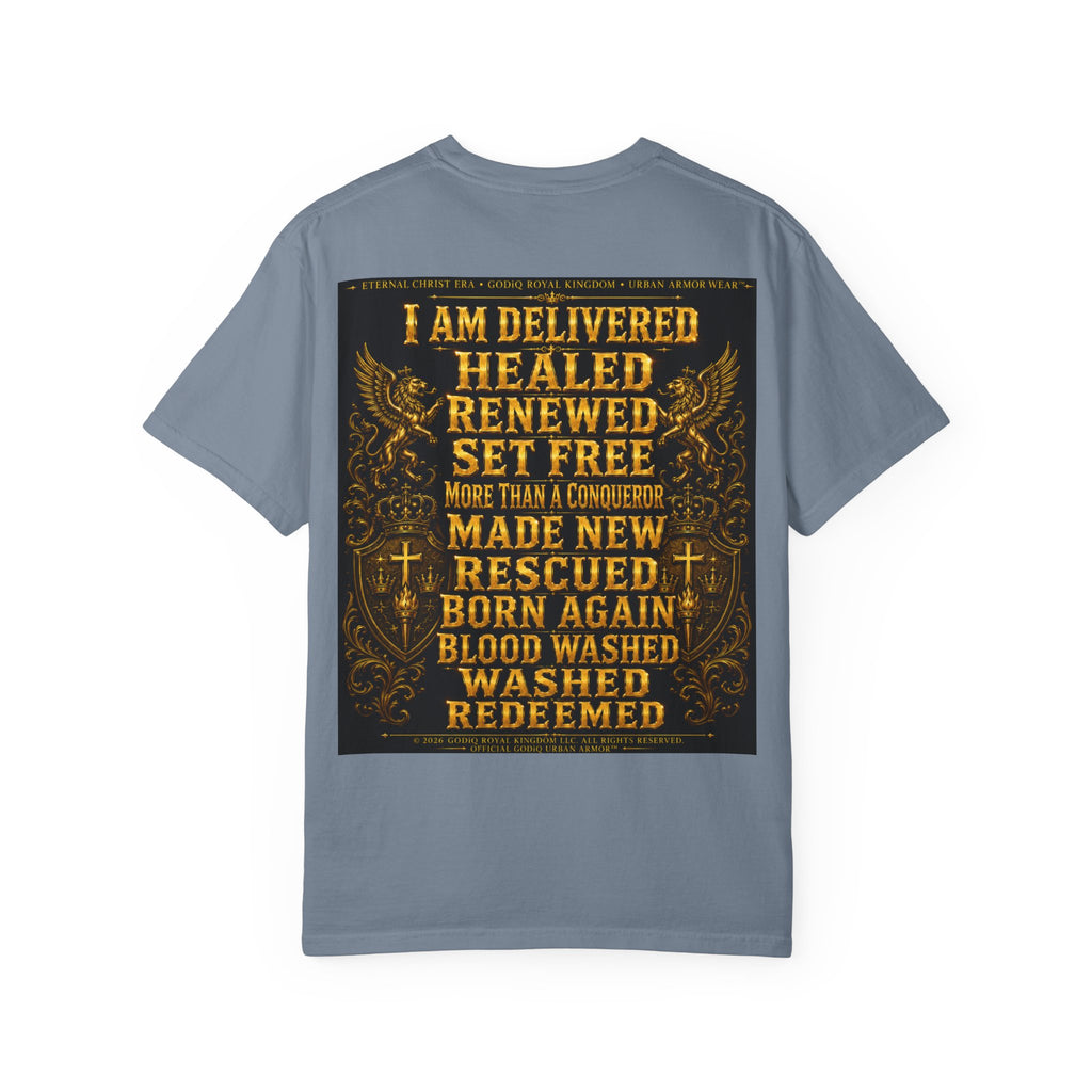 GODiQ Royal Kingdom™ Decree & Declare Christian T-Shirt – Premium Inspirational Faith Tee | "I Am Delivered, Healed, Renewed" Scripture Apparel | Comfort Colors 1717