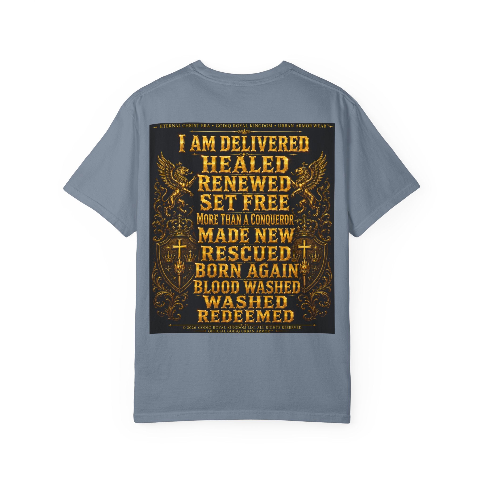 GODiQ Royal Kingdom™ Decree & Declare Christian T-Shirt – Premium Inspirational Faith Tee | "I Am Delivered, Healed, Renewed" Scripture Apparel | Comfort Colors 1717