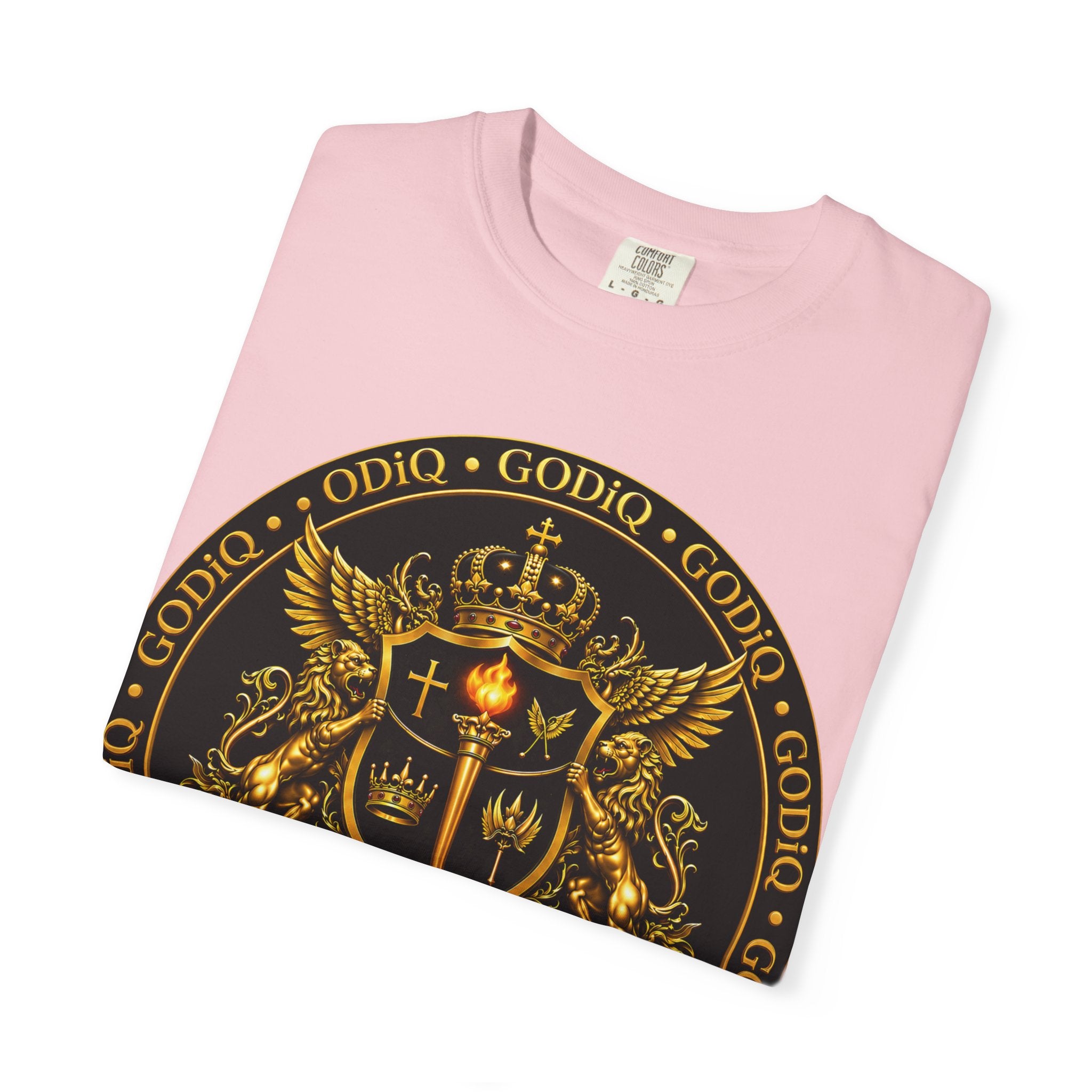 GODiQ Royal Kingdom™ Royal Crest T-Shirt – Luxury Christian Coat of Arms Graphic Tee | Premium Garment-Dyed Faith Apparel | Regal Kingdom Streetwear