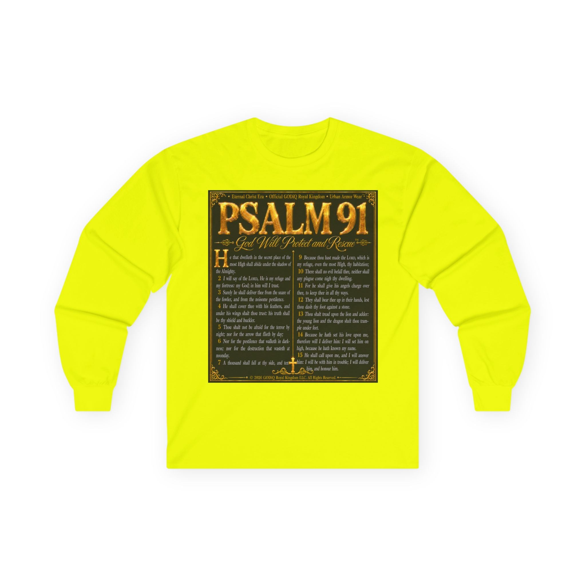 Psalm 91™ Long Sleeve Christian T-Shirt | God's Promise of Divine Protection | Premium Biblical Prayer Shirt | Luxury Faith-Based Scripture Apparel | GODiQ Royal Kingdom™ Urban Armor Wear