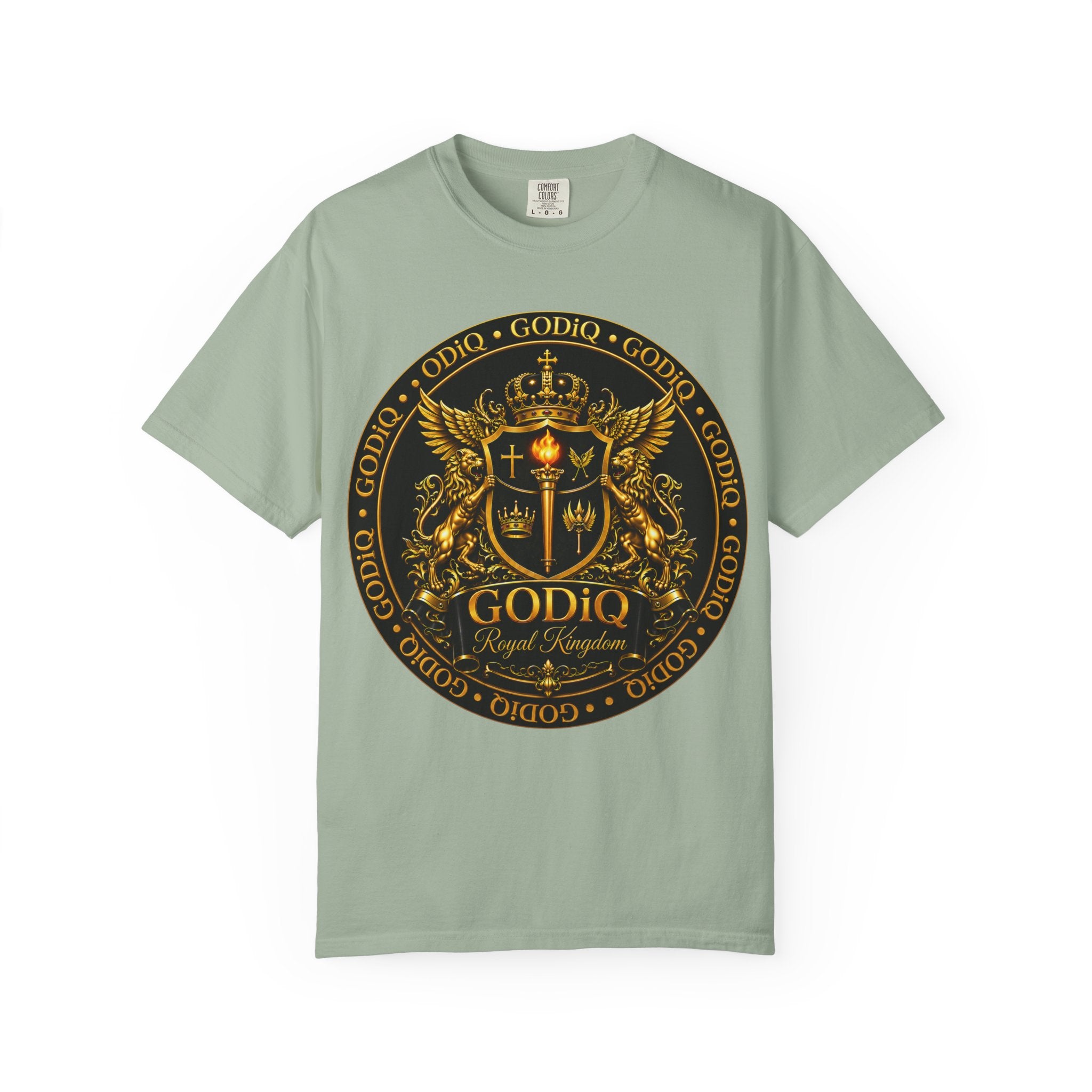 GODiQ Royal Kingdom™ Royal Crest T-Shirt – Luxury Christian Coat of Arms Graphic Tee | Premium Garment-Dyed Faith Apparel | Regal Kingdom Streetwear