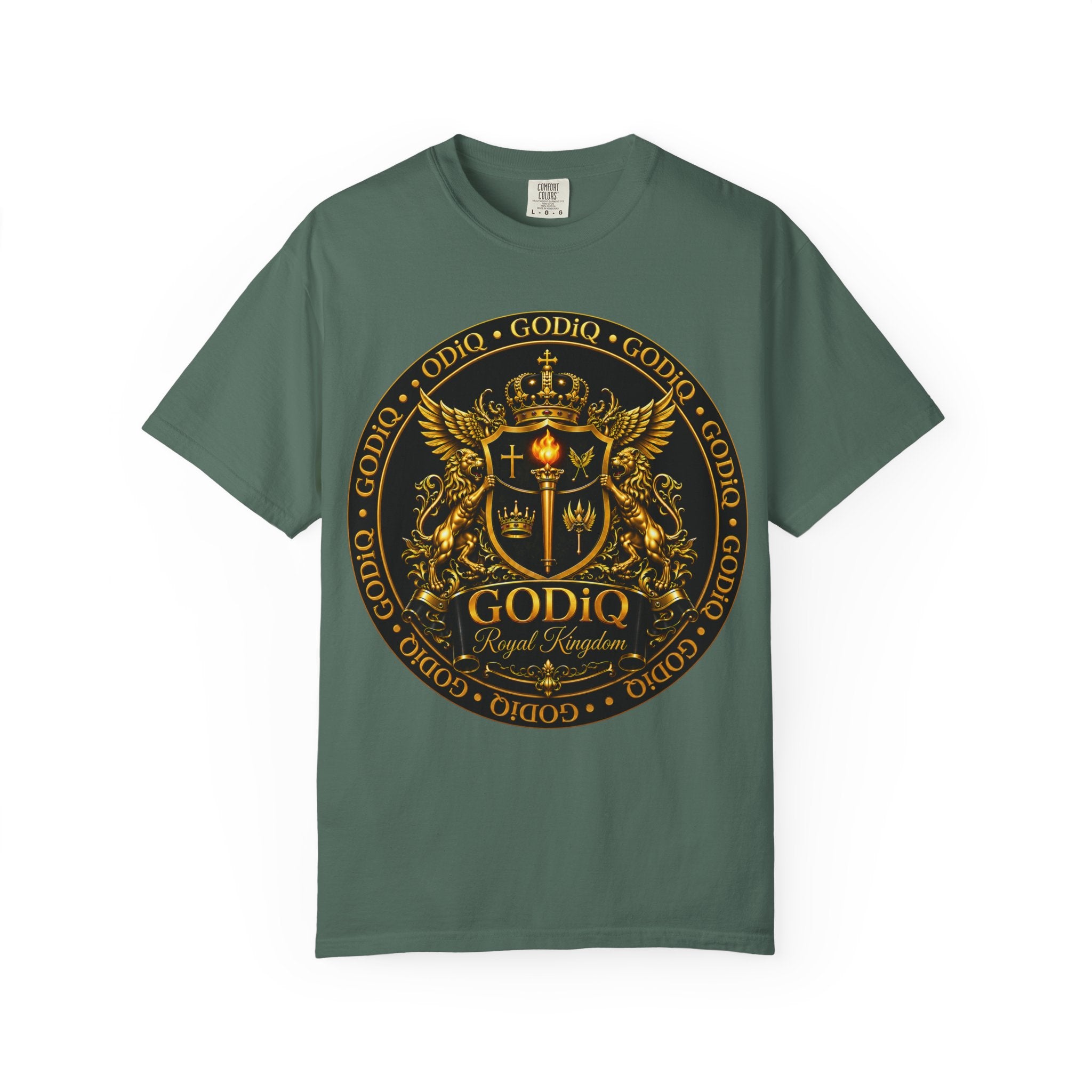 GODiQ Royal Kingdom™ Royal Crest T-Shirt – Luxury Christian Coat of Arms Graphic Tee | Premium Garment-Dyed Faith Apparel | Regal Kingdom Streetwear