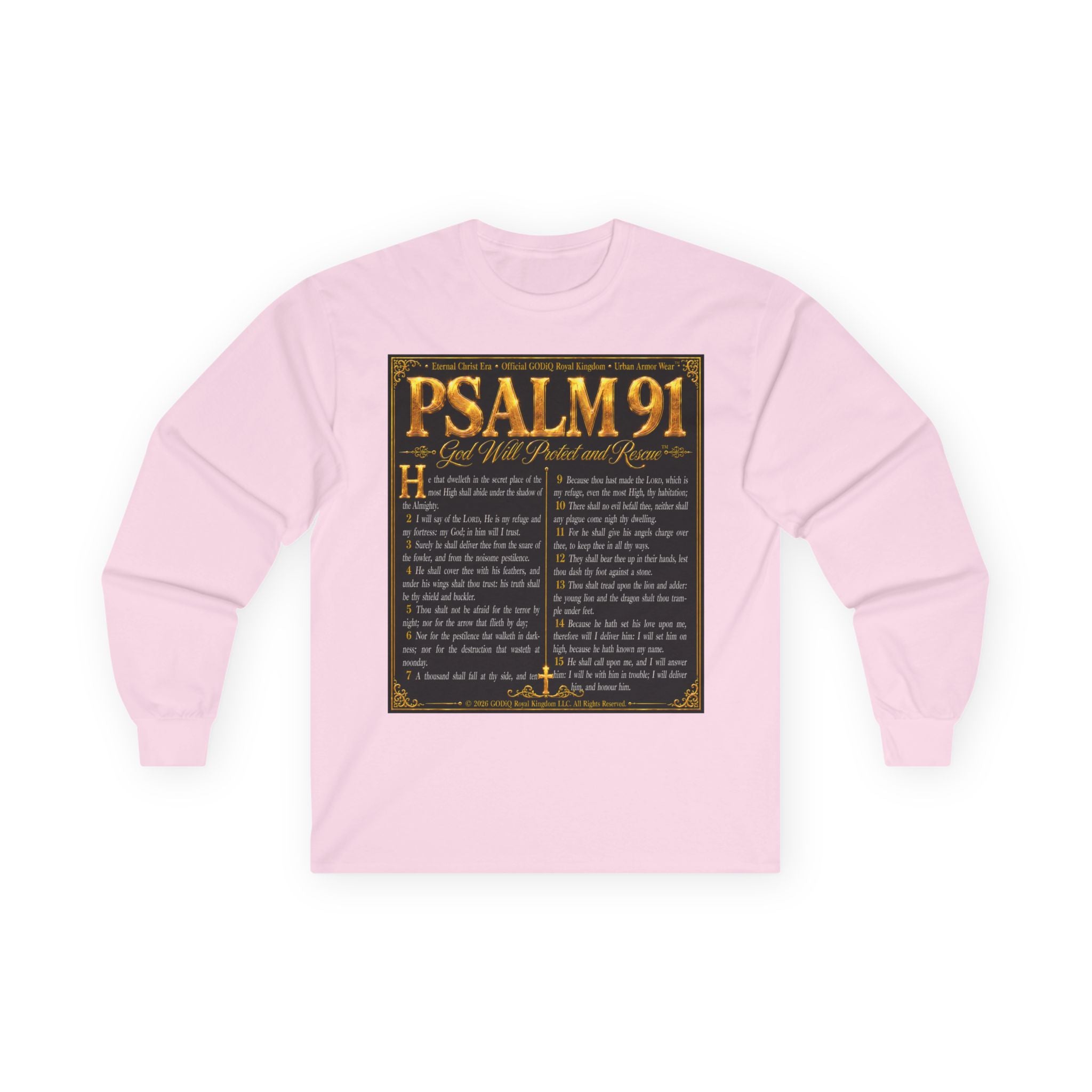 Psalm 91™ Long Sleeve Christian T-Shirt | God's Promise of Divine Protection | Premium Biblical Prayer Shirt | Luxury Faith-Based Scripture Apparel | GODiQ Royal Kingdom™ Urban Armor Wear