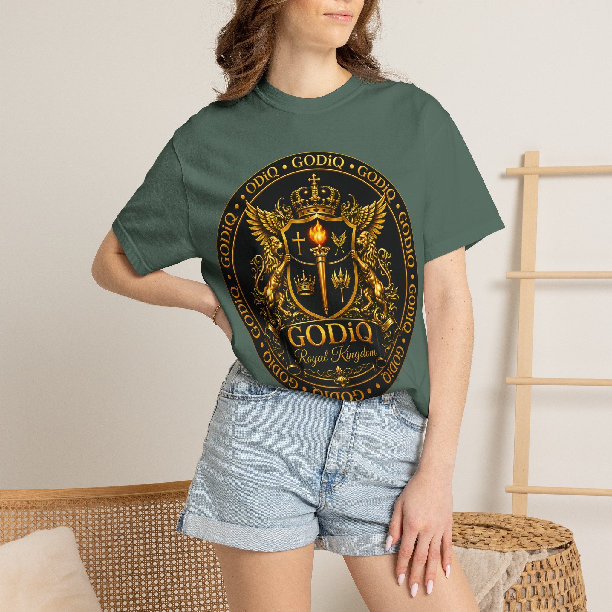 GODiQ Royal Kingdom™ Royal Crest T-Shirt – Luxury Christian Coat of Arms Graphic Tee | Premium Garment-Dyed Faith Apparel | Regal Kingdom Streetwear