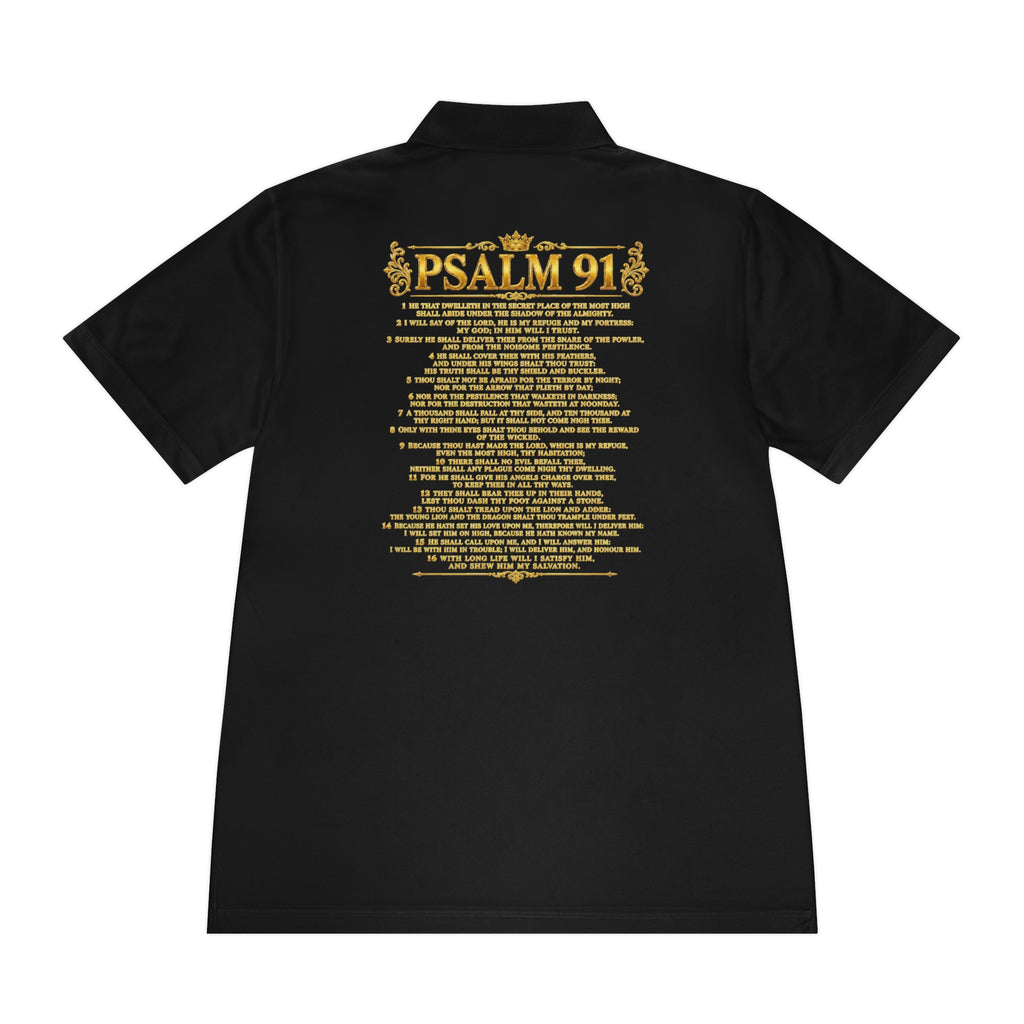 GODiQ Royal Kingdom™ Psalm 91 Men's Performance Polo – Premium Christian Golf Shirt | Luxury Gold Scripture Polo | Moisture-Wicking Faith Apparel