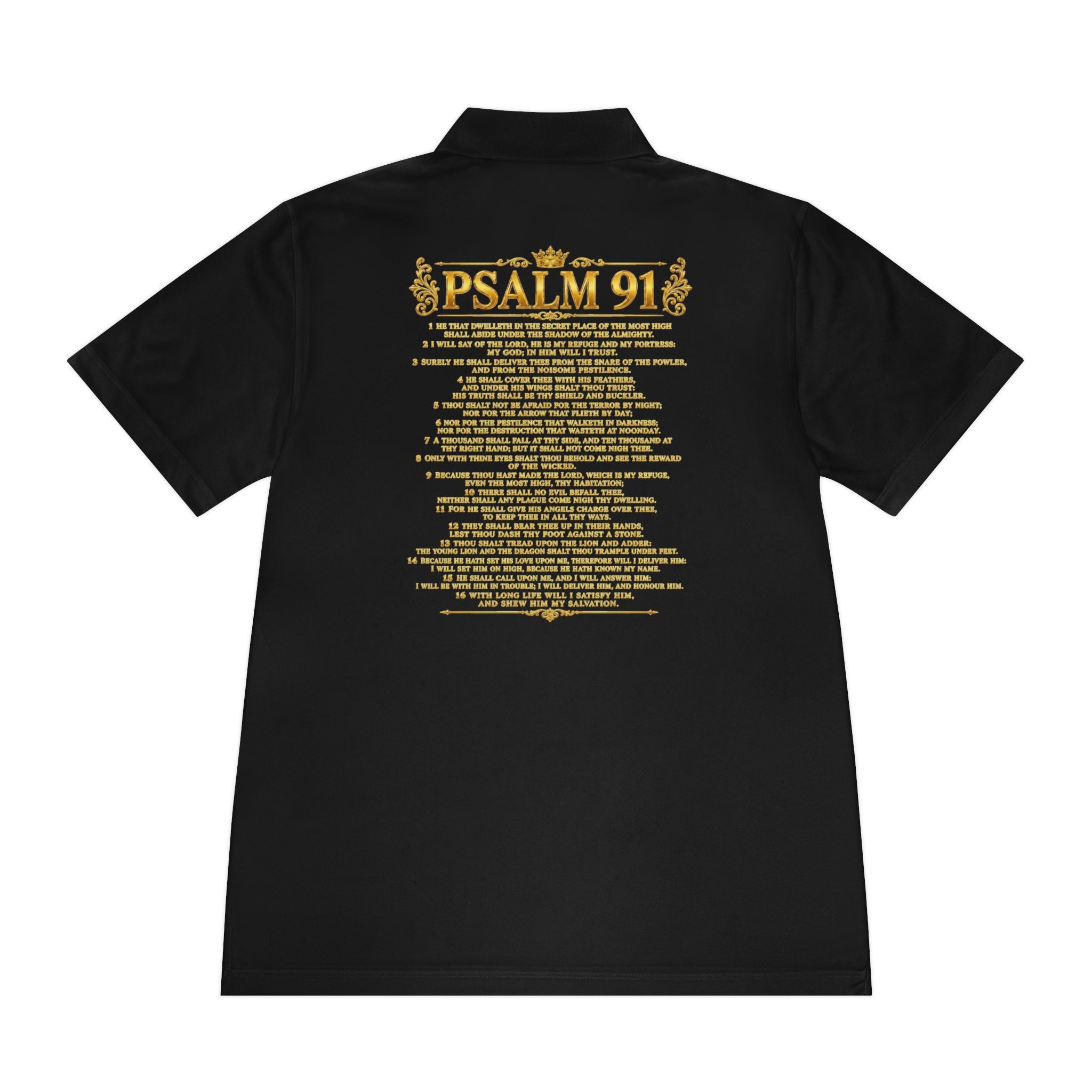 GODiQ Royal Kingdom™ Psalm 91 Men's Performance Polo – Premium Christian Golf Shirt | Luxury Gold Scripture Polo | Moisture-Wicking Faith Apparel