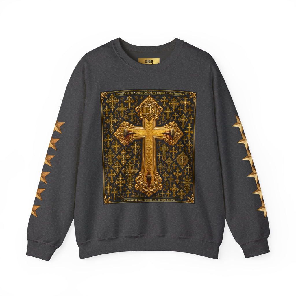 GODiQ Royal Kingdom™ Jesus Christ Died For Our Sins Crewneck Sweatshirt – Luxury 24K Gold Cross Christian Sweatshirt | Premium Faith Graphic Pullover | Religious Streetwear | Urban Armor Wear™