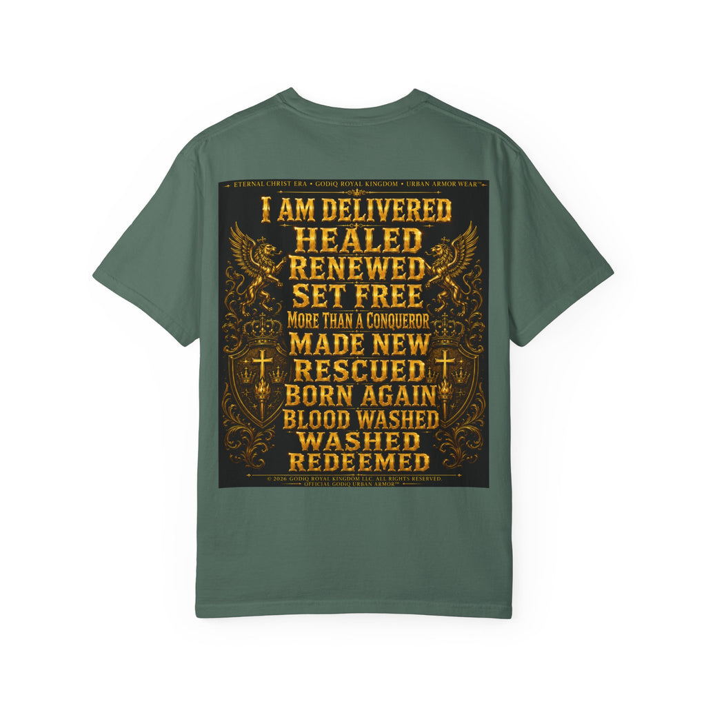 GODiQ Royal Kingdom™ Decree & Declare Christian T-Shirt – Premium Inspirational Faith Tee | "I Am Delivered, Healed, Renewed" Scripture Apparel | Comfort Colors 1717