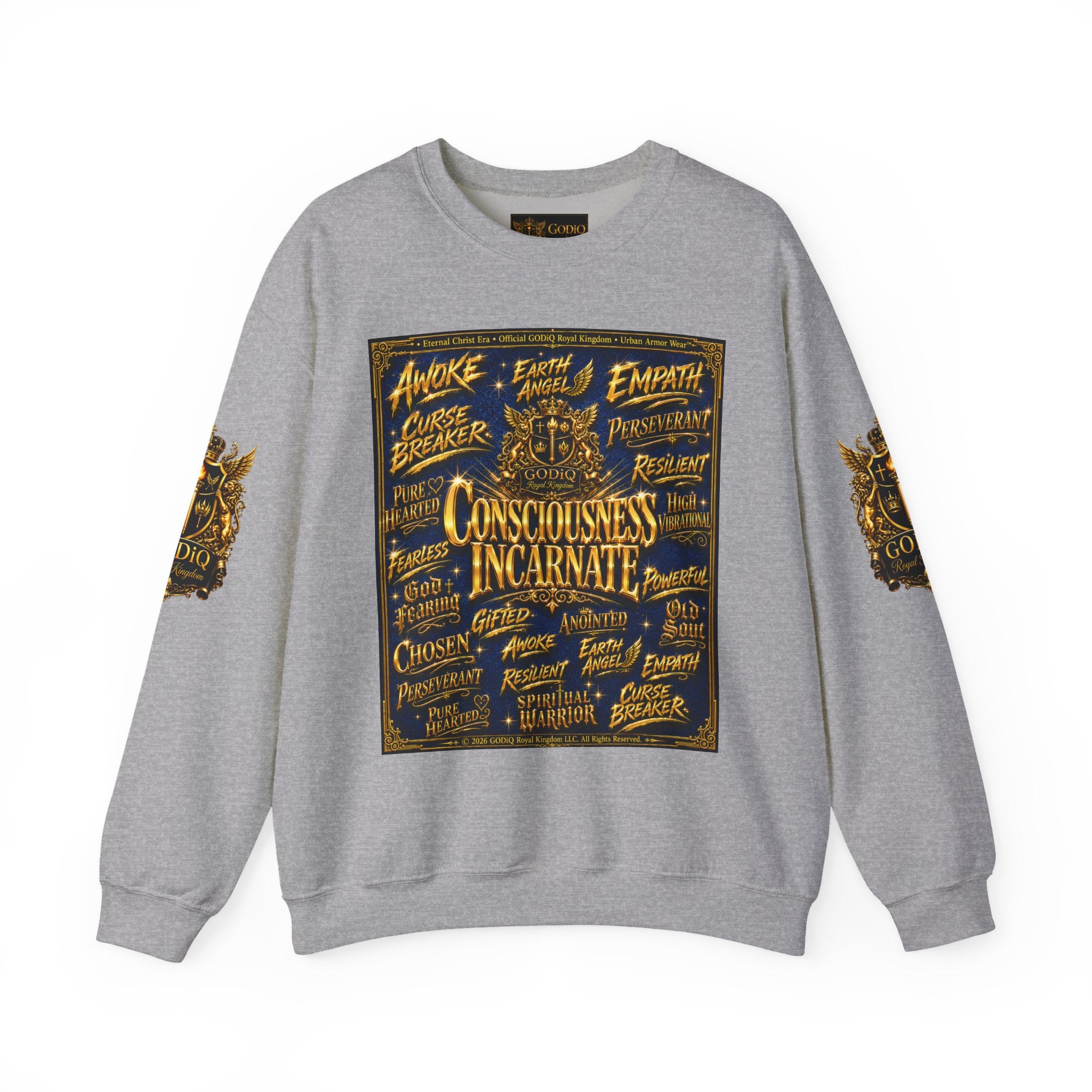Consciousness Incarnate™ Crewneck Sweatshirt – Luxury Christian Graphic Sweatshirt | "Awake For All Eternity" Premium Kingdom Apparel | GODiQ Royal Kingdom™ Urban Armor Wear