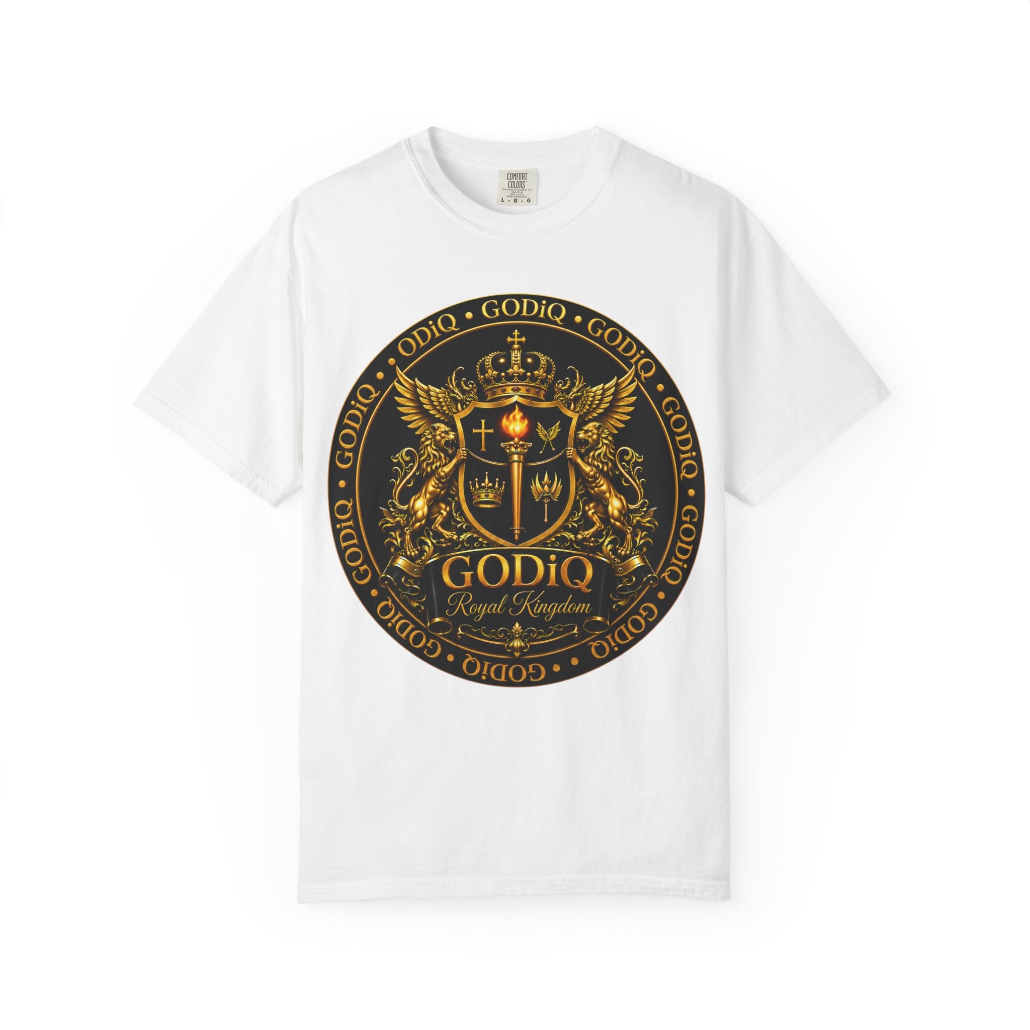 GODiQ Royal Kingdom™ Royal Crest T-Shirt – Luxury Christian Coat of Arms Graphic Tee | Premium Garment-Dyed Faith Apparel | Regal Kingdom Streetwear