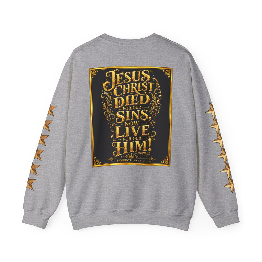 GODiQ Royal Kingdom™ Jesus Christ Died For Our Sins Crewneck Sweatshirt – Luxury 24K Gold Cross Christian Sweatshirt | Premium Faith Graphic Pullover | Religious Streetwear | Urban Armor Wear™