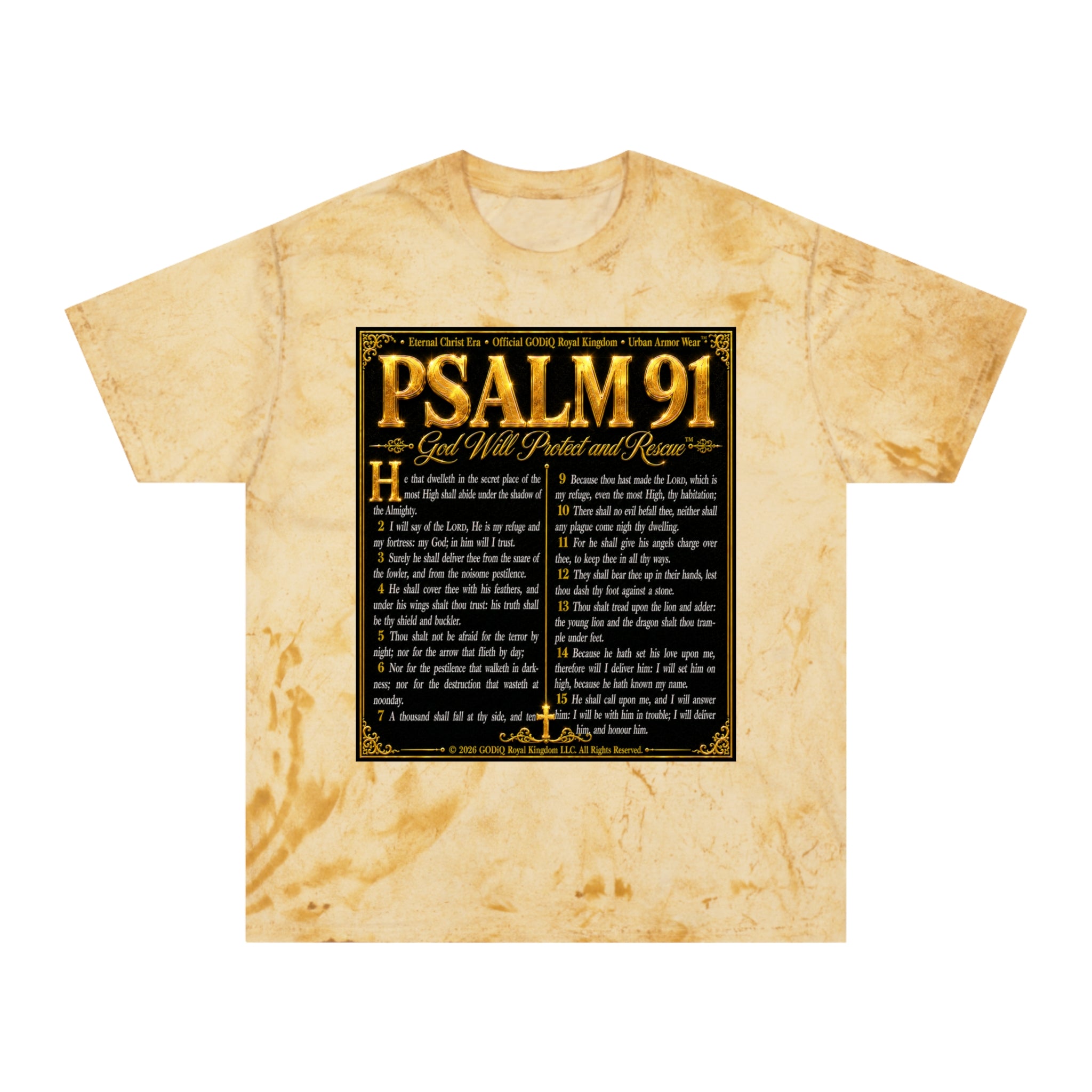 Psalm 91™ Divine Protection Graphic T-Shirt – Luxury Christian Scripture Tee | Premium Garment-Dyed Color Blast Faith Apparel | “God's Promise of Divine Protection” Vintage Cotton Shirt | GODiQ Royal...