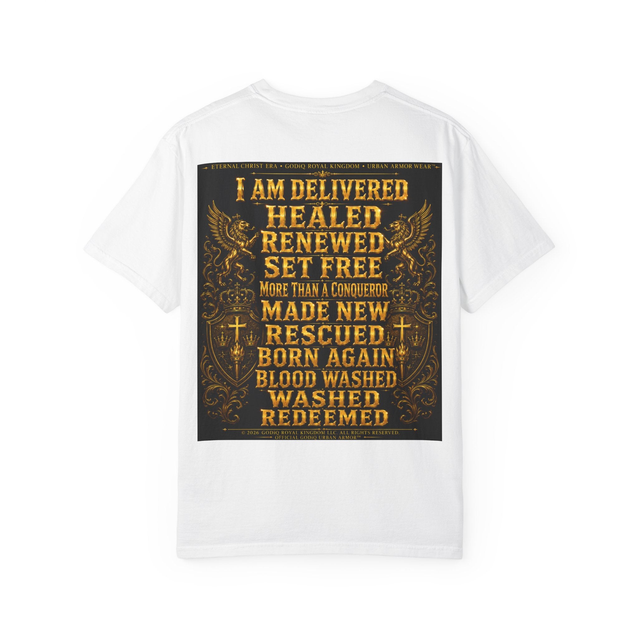 GODiQ Royal Kingdom™ Decree & Declare Christian T-Shirt – Premium Inspirational Faith Tee | "I Am Delivered, Healed, Renewed" Scripture Apparel | Comfort Colors 1717