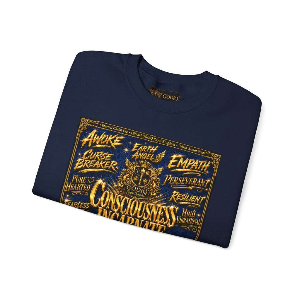 Consciousness Incarnate™ Crewneck Sweatshirt – Luxury Christian Graphic Sweatshirt | "Awake For All Eternity" Premium Kingdom Apparel | GODiQ Royal Kingdom™ Urban Armor Wear