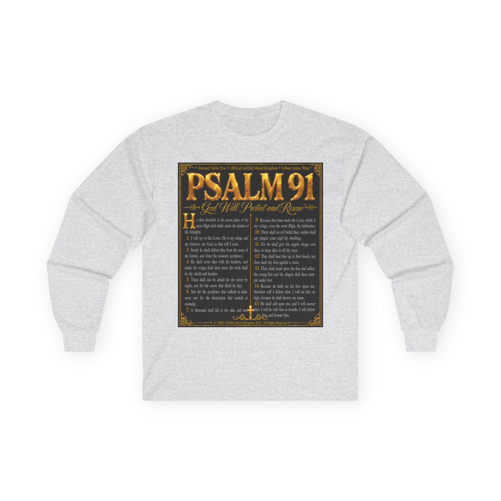 Psalm 91™ Long Sleeve Christian T-Shirt | God's Promise of Divine Protection | Premium Biblical Prayer Shirt | Luxury Faith-Based Scripture Apparel | GODiQ Royal Kingdom™ Urban Armor Wear