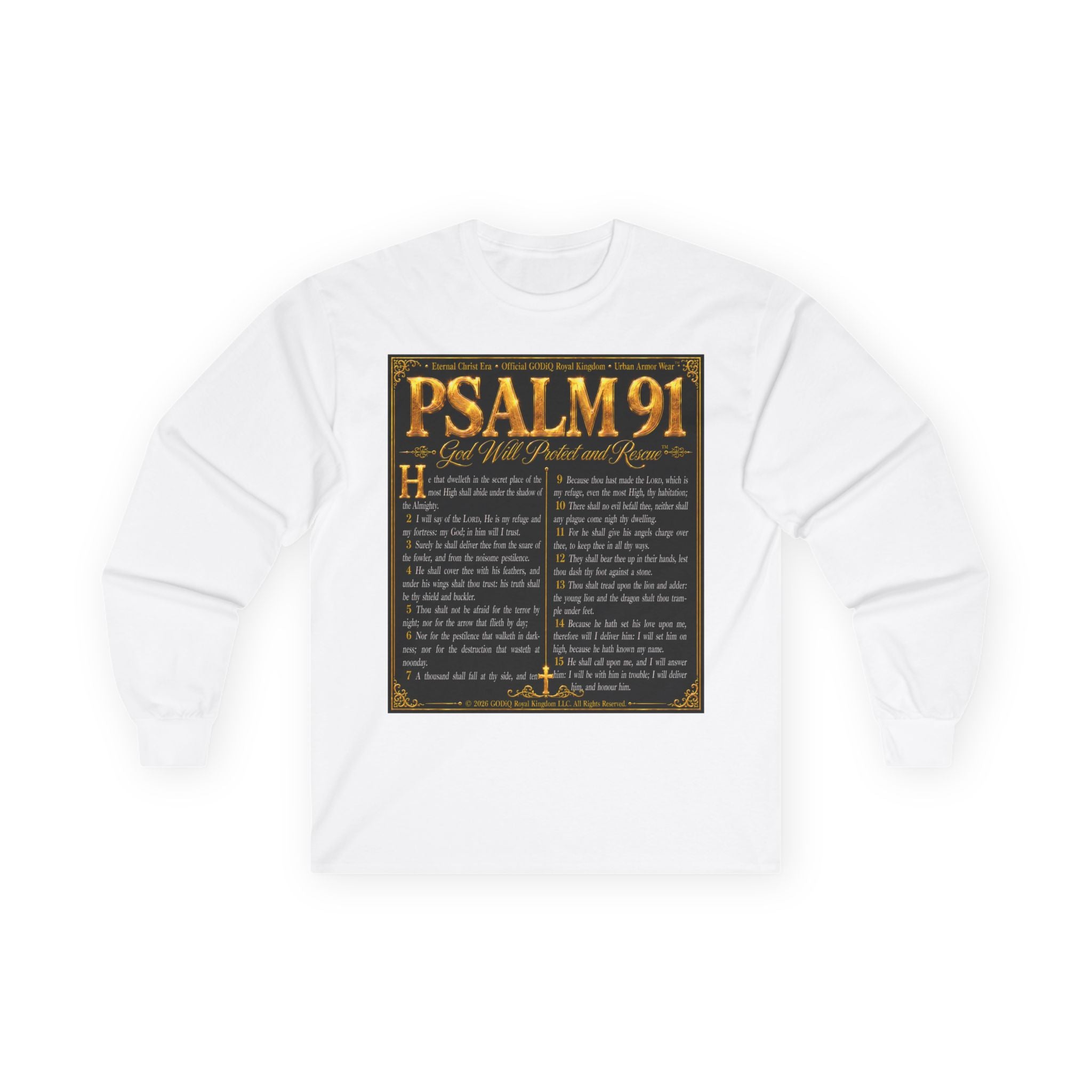 Psalm 91™ Long Sleeve Christian T-Shirt | God's Promise of Divine Protection | Premium Biblical Prayer Shirt | Luxury Faith-Based Scripture Apparel | GODiQ Royal Kingdom™ Urban Armor Wear